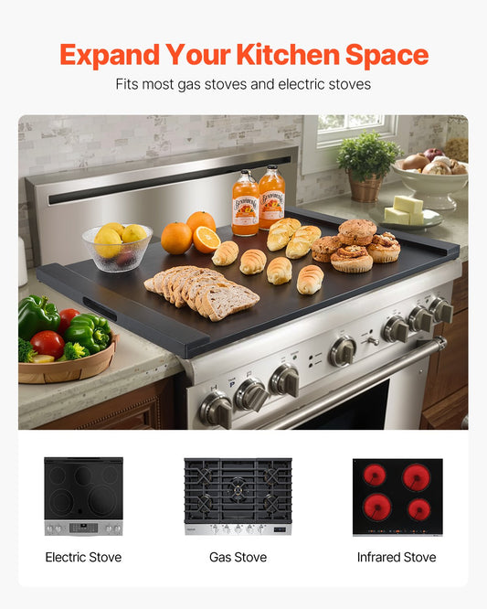 Premium Pine Wood Stove Top Noodle Board: Multipurpose Gas & Electric Stove Cover, RV Stovetop & Kitchen Sink Tray with Handles, Black
