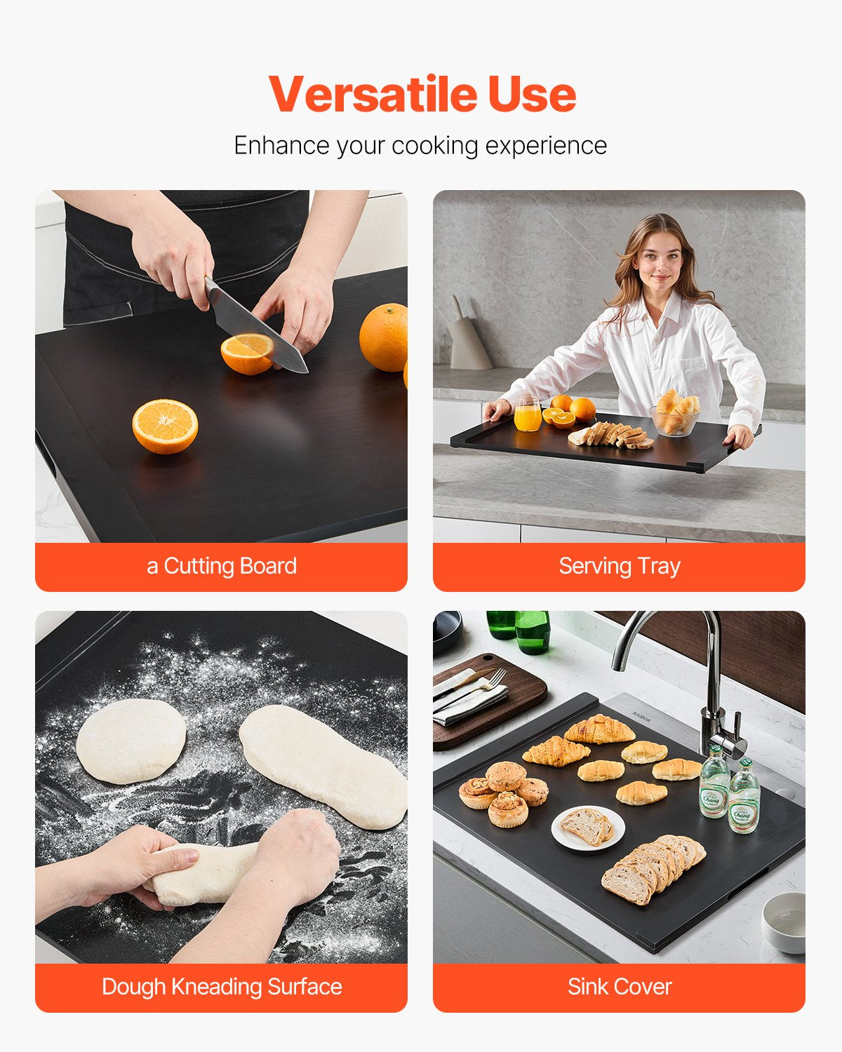 Premium Pine Wood Stove Top Noodle Board: Multipurpose Gas & Electric Stove Cover, RV Stovetop & Kitchen Sink Tray with Handles, Black