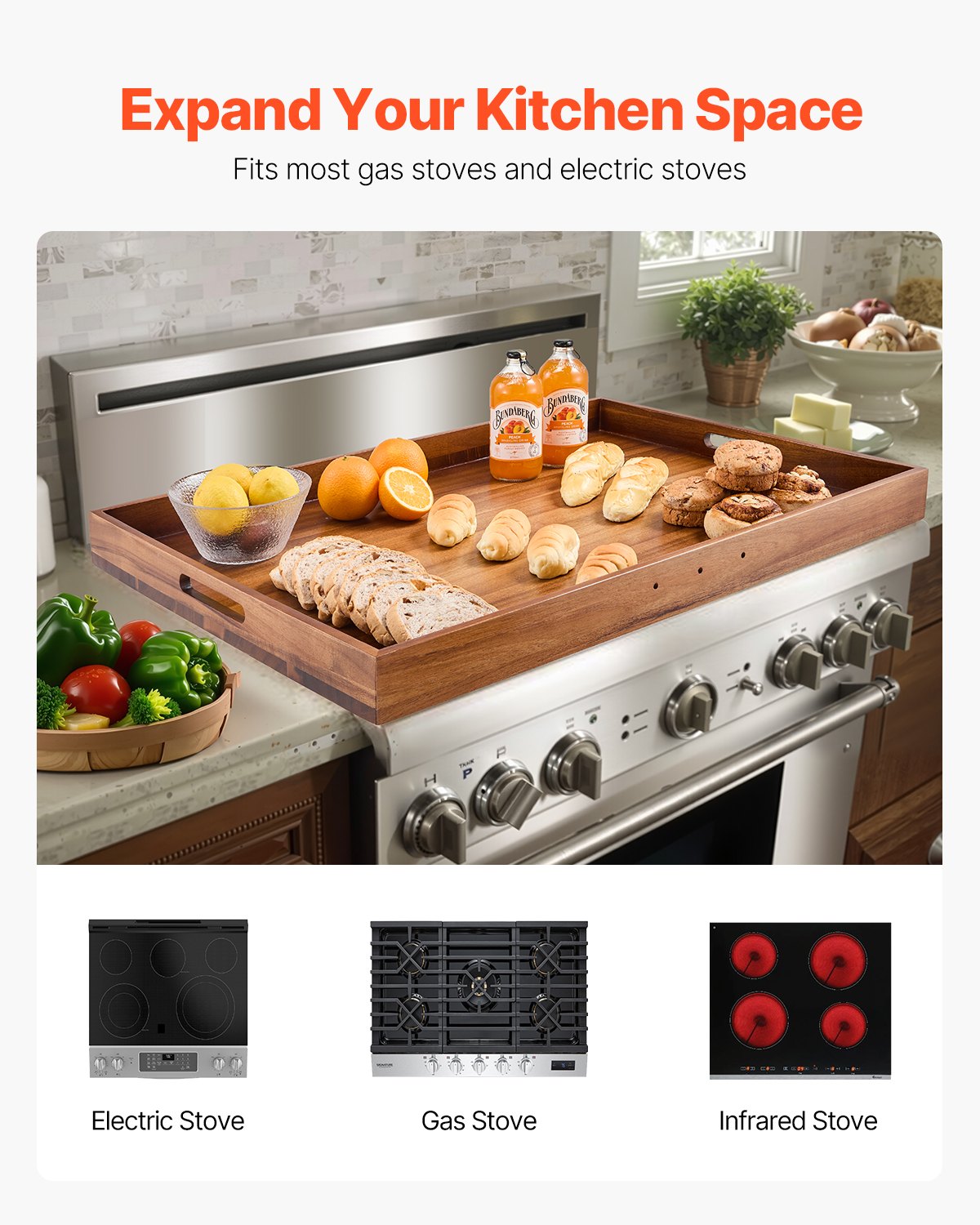 Acacia Wood Noodle Board Stove Top Cover with Handles for Gas & Electric Stoves, RV & Kitchen Sink Counter Space Solution