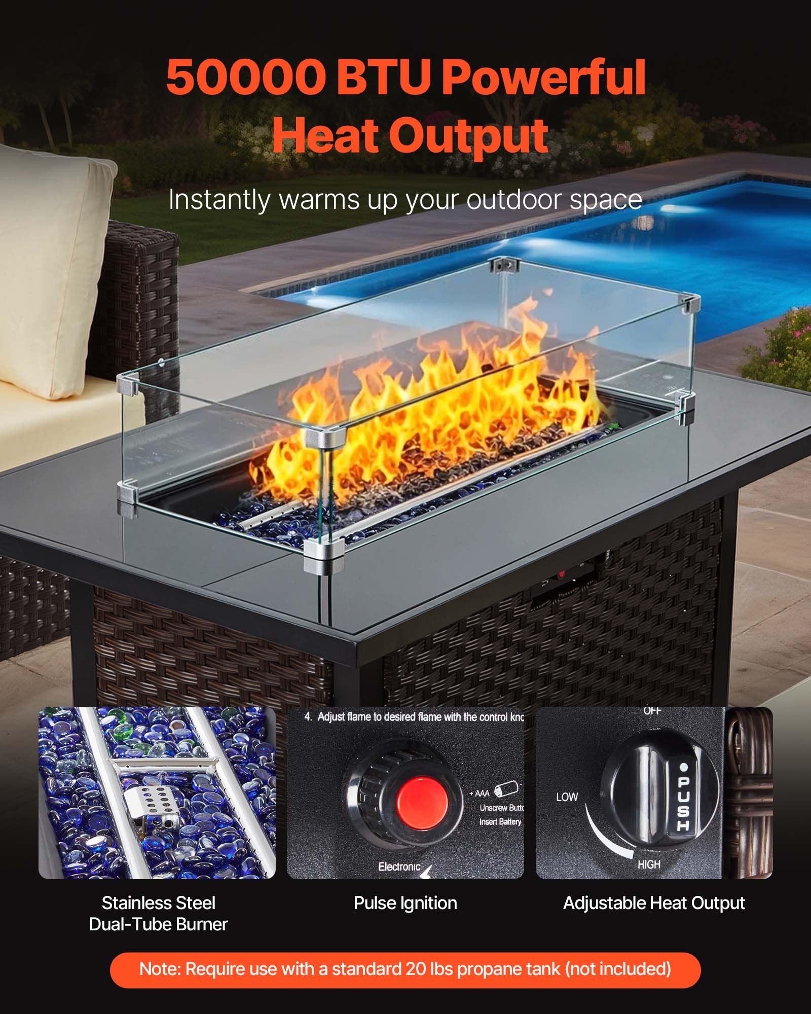 6-Piece Outdoor Patio Set with Cushioned Sofas, Wicker Rattan Sectional, 50,000 BTU Propane Fire Pit Table, Coffee Table & Ottoman for Garden, Backyard, Patio Comfort and Style
