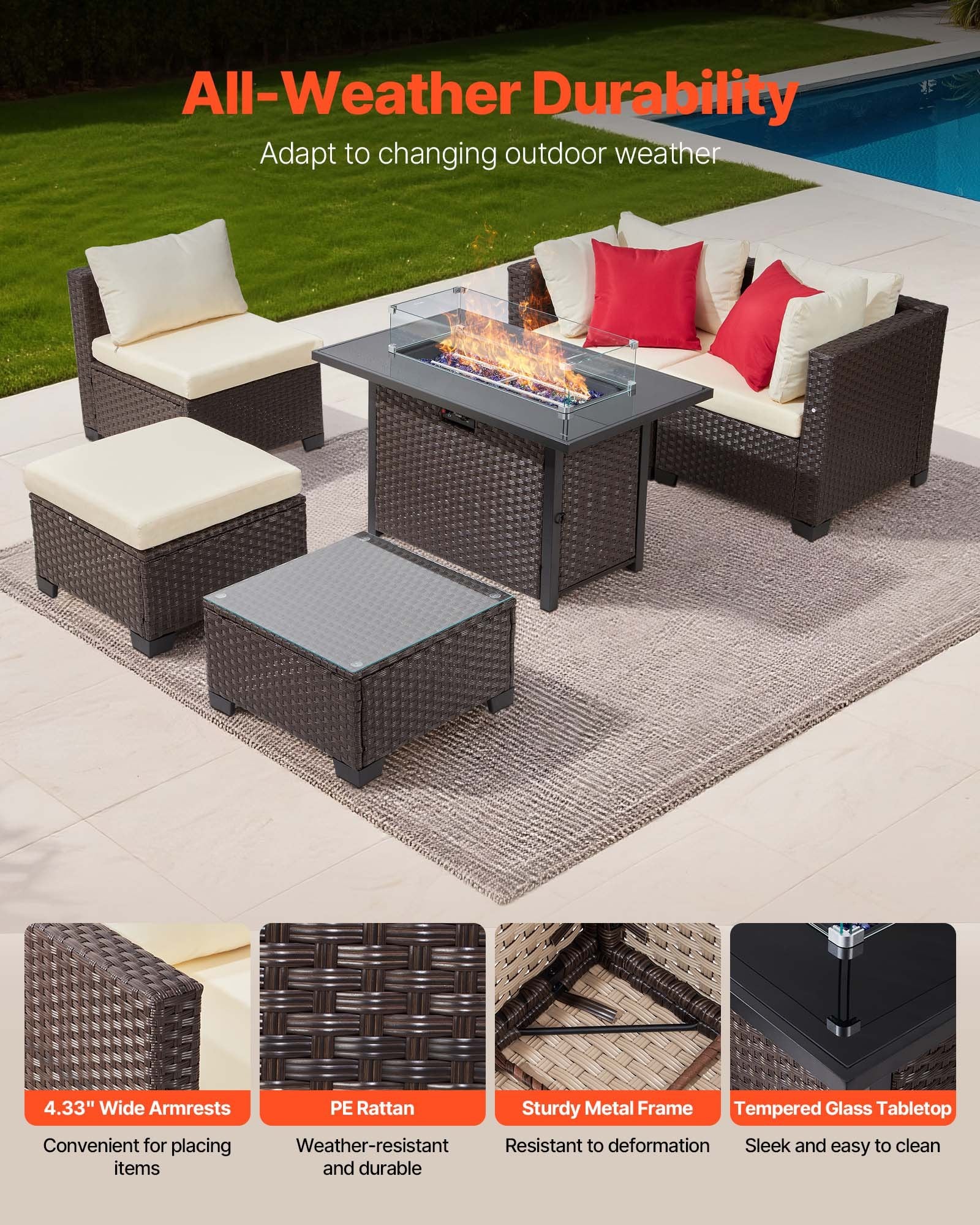 6-Piece Outdoor Patio Set with Cushioned Sofas, Wicker Rattan Sectional, 50,000 BTU Propane Fire Pit Table, Coffee Table & Ottoman for Garden, Backyard, Patio Comfort and Style