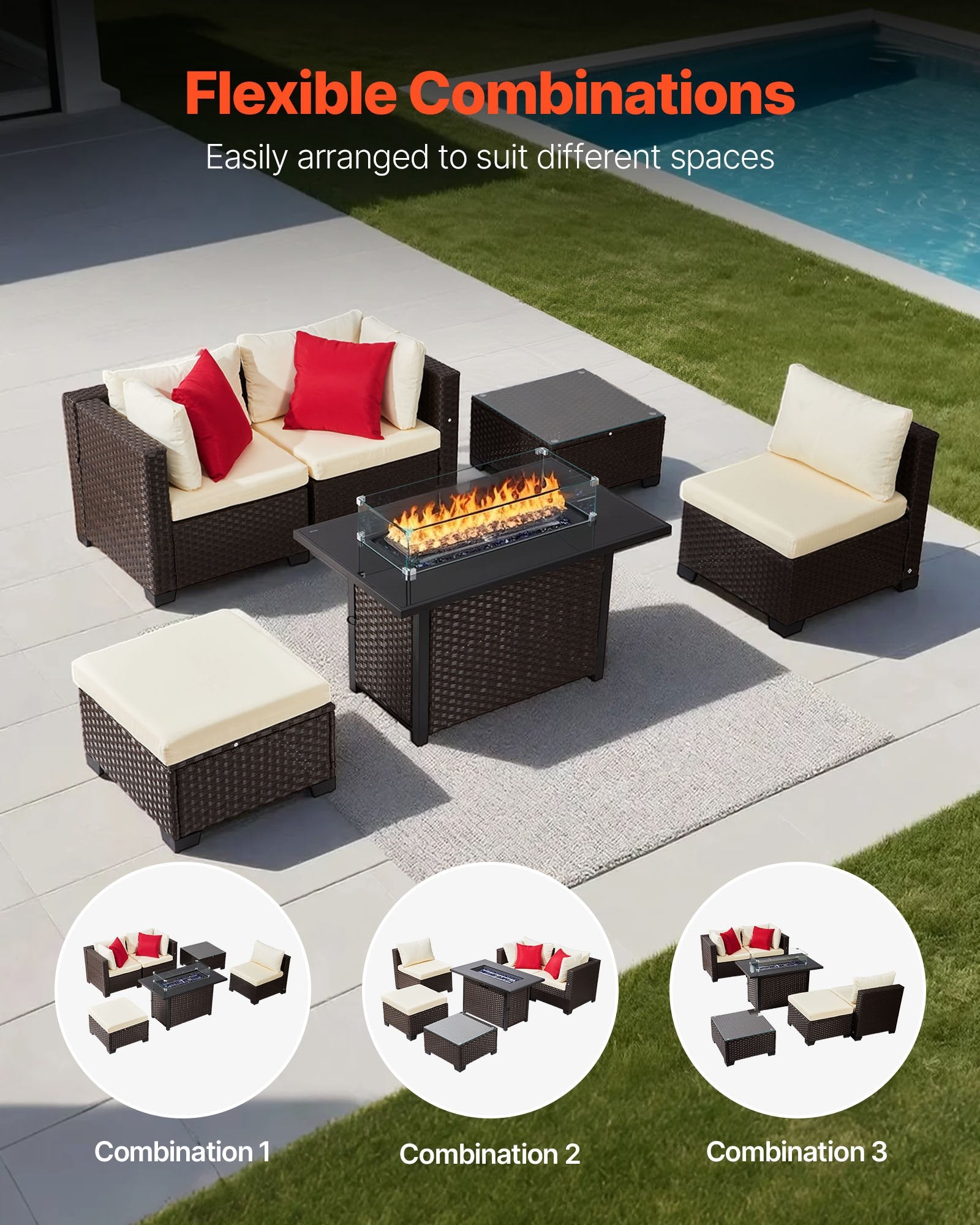 6-Piece Outdoor Patio Set with Cushioned Sofas, Wicker Rattan Sectional, 50,000 BTU Propane Fire Pit Table, Coffee Table & Ottoman for Garden, Backyard, Patio Comfort and Style
