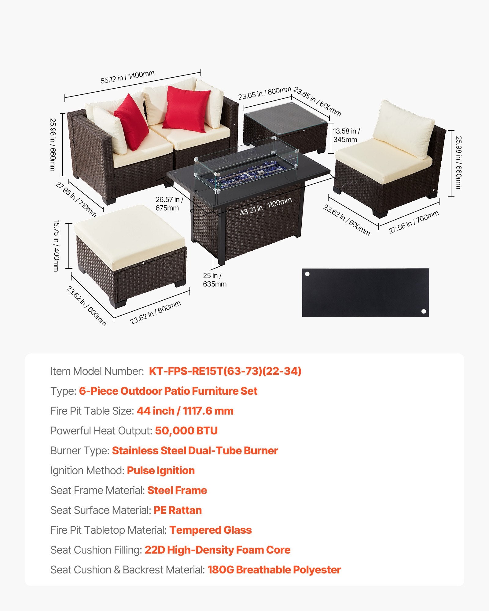 6-Piece Outdoor Patio Set with Cushioned Sofas, Wicker Rattan Sectional, 50,000 BTU Propane Fire Pit Table, Coffee Table & Ottoman for Garden, Backyard, Patio Comfort and Style