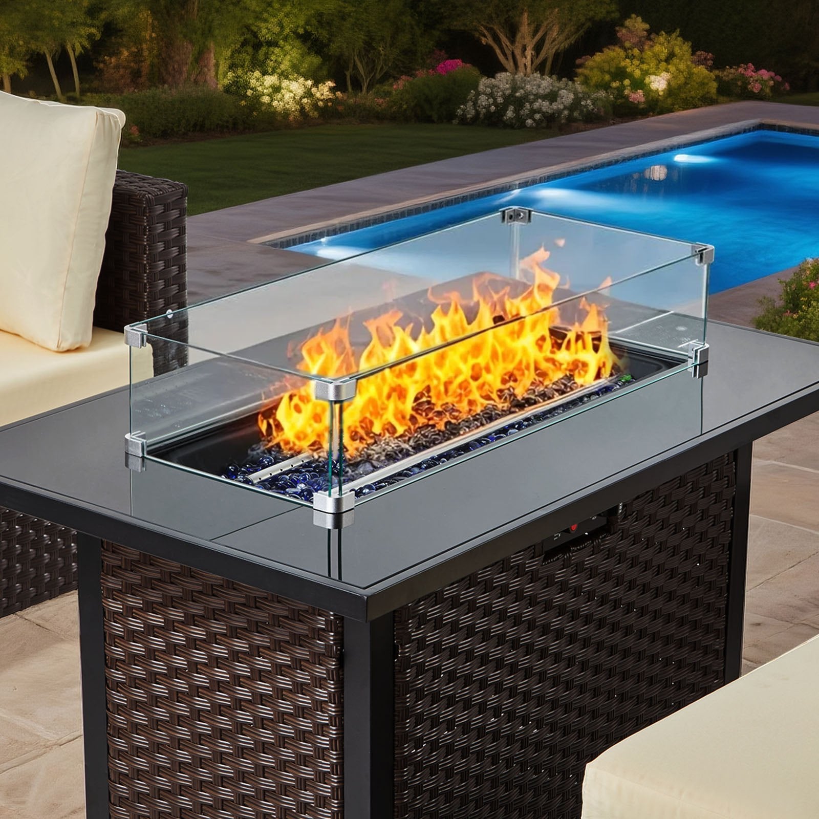 6-Piece Outdoor Patio Set with Cushioned Sofas, Wicker Rattan Sectional, 50,000 BTU Propane Fire Pit Table, Coffee Table & Ottoman for Garden, Backyard, Patio Comfort and Style