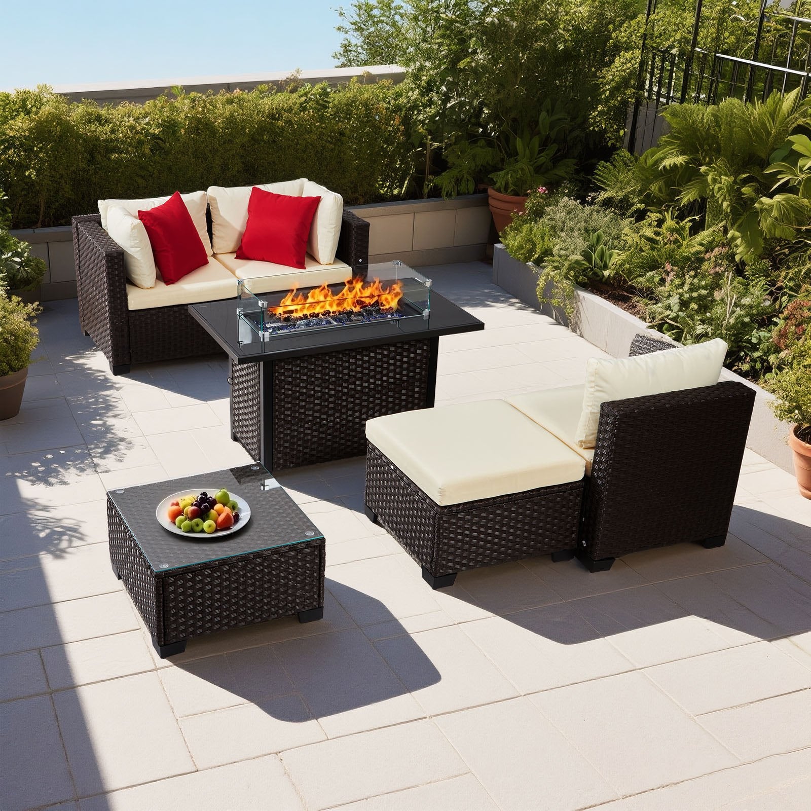 6-Piece Outdoor Patio Set with Cushioned Sofas, Wicker Rattan Sectional, 50,000 BTU Propane Fire Pit Table, Coffee Table & Ottoman for Garden, Backyard, Patio Comfort and Style