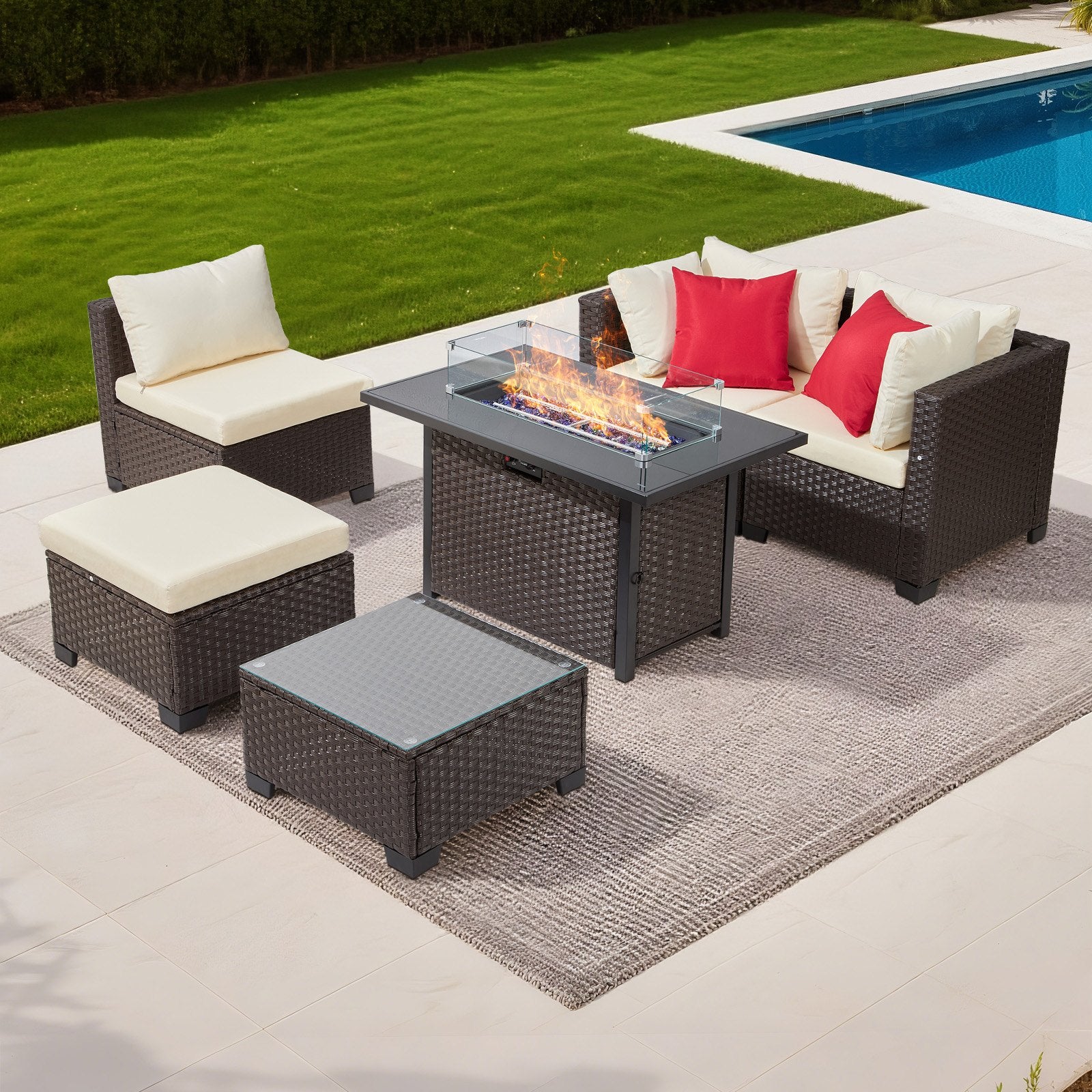 6-Piece Outdoor Patio Set with Cushioned Sofas, Wicker Rattan Sectional, 50,000 BTU Propane Fire Pit Table, Coffee Table & Ottoman for Garden, Backyard, Patio Comfort and Style