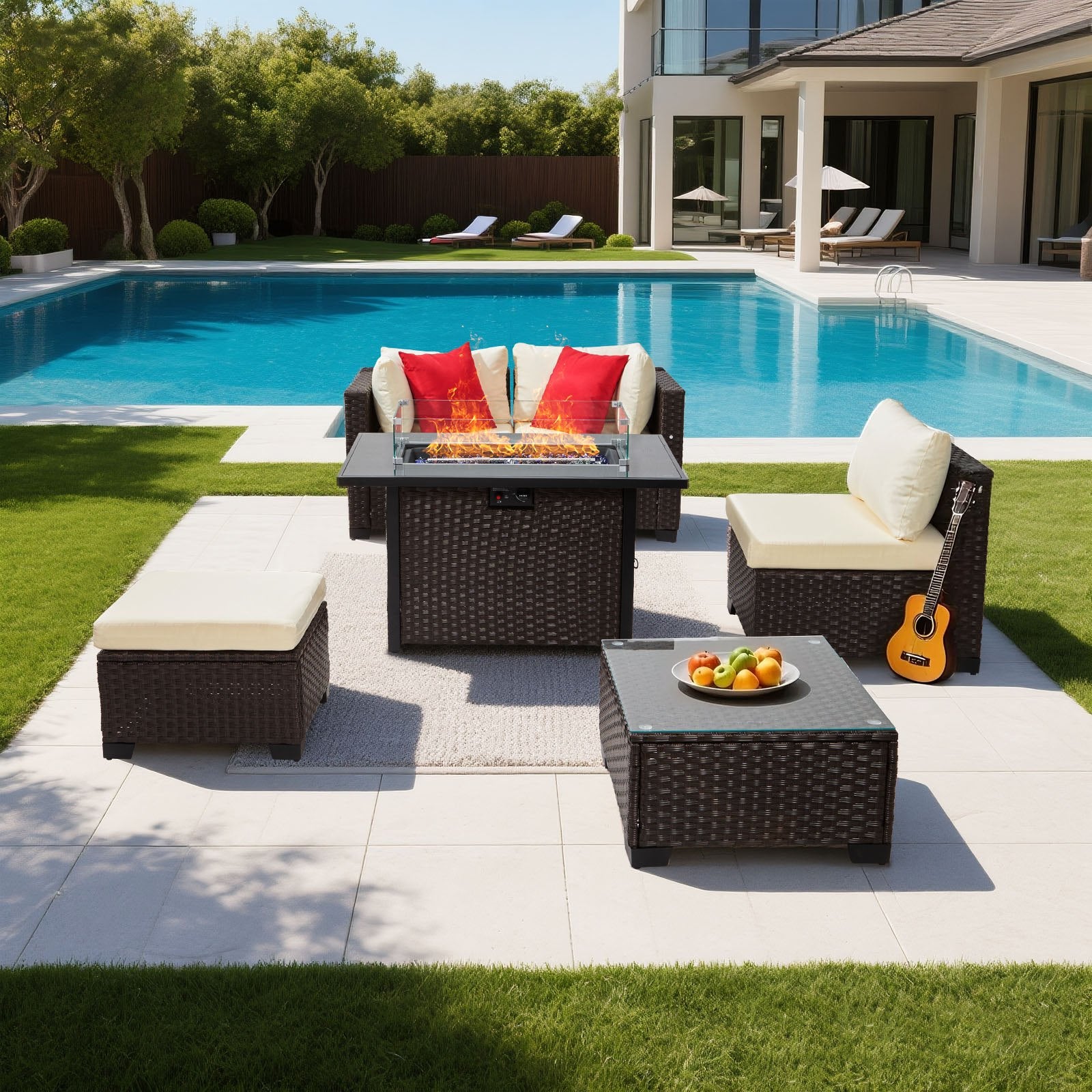 6-Piece Outdoor Patio Set with Cushioned Sofas, Wicker Rattan Sectional, 50,000 BTU Propane Fire Pit Table, Coffee Table & Ottoman for Garden, Backyard, Patio Comfort and Style
