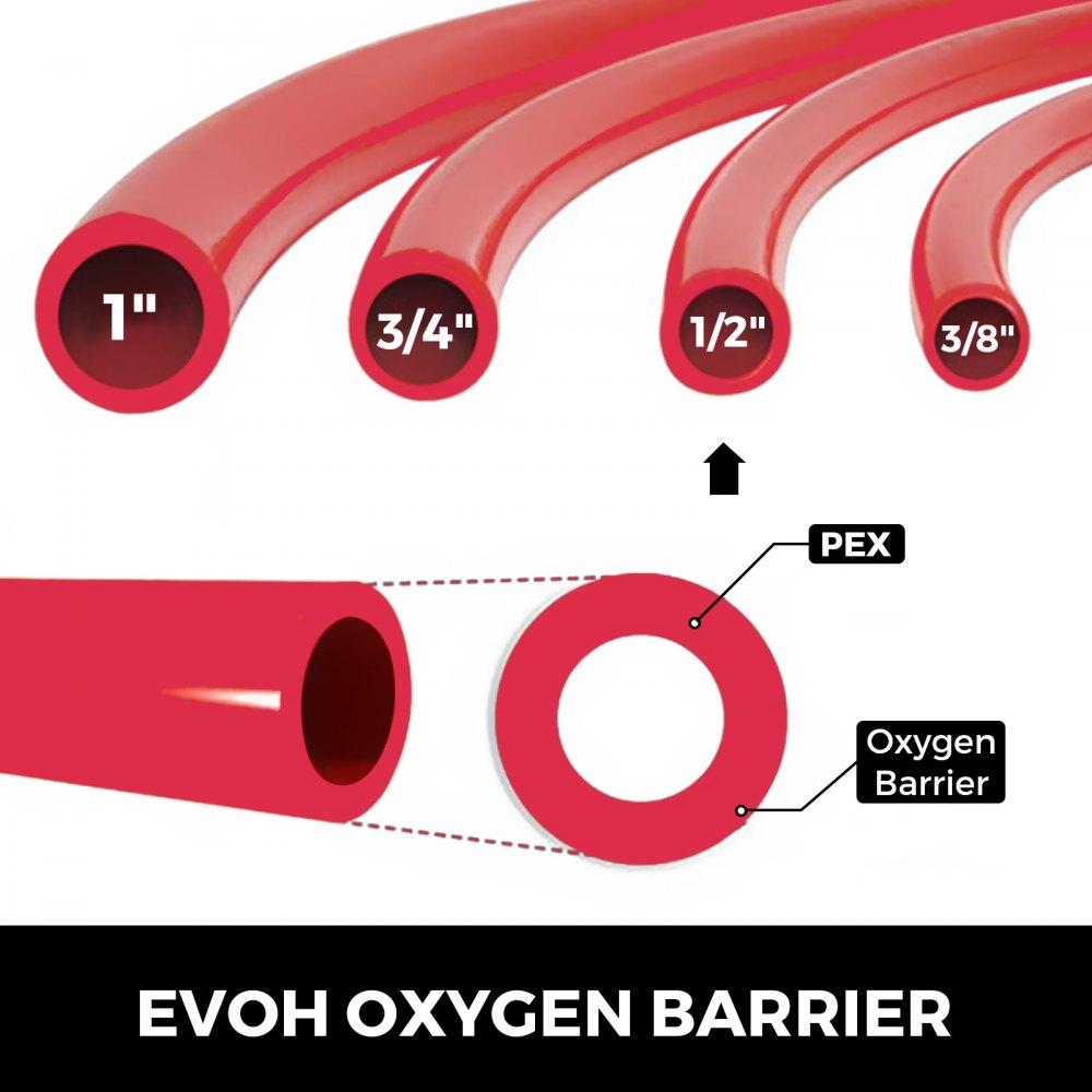 VEVOR 1/2 Inch X 500Ft PEX Tubing Pipe O2 EVOH PexB Hydronic Radiant Floor Heating System, 1/2\", Red, Oxygen Barrier