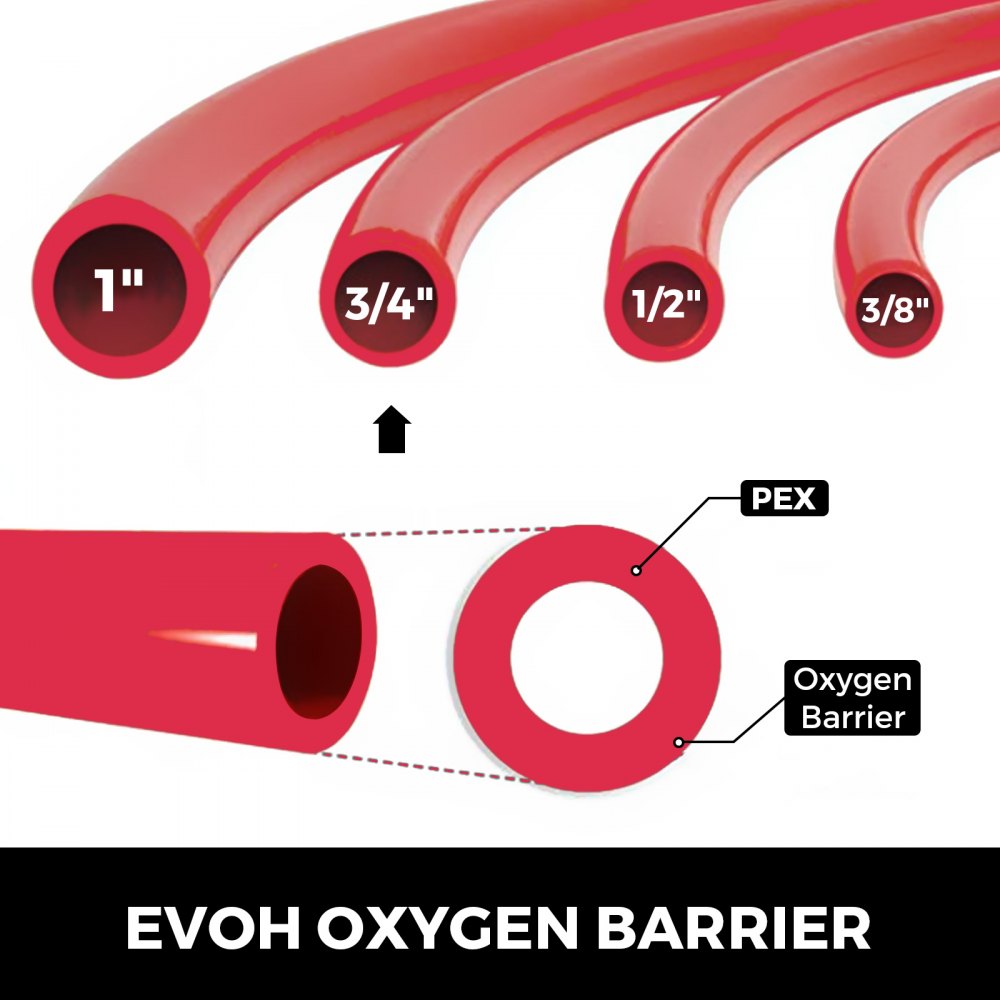 VEVOR 3/4" X 500Ft PEX Tubing Oxygen Barrier O2 EVOH Pex-B Red Hydronic Radiant Floor Heat Heating System Pex Pipe Pex Tube (3/4" O2-Barrier, 500Ft/Red)