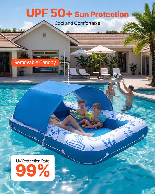 Spacious 82" x 55" Inflatable Pool Lounger with UPF 50+ Canopy, 550LBS Capacity, Pillow, Cup & Phone Holder for Ultimate Sunbathing Fun