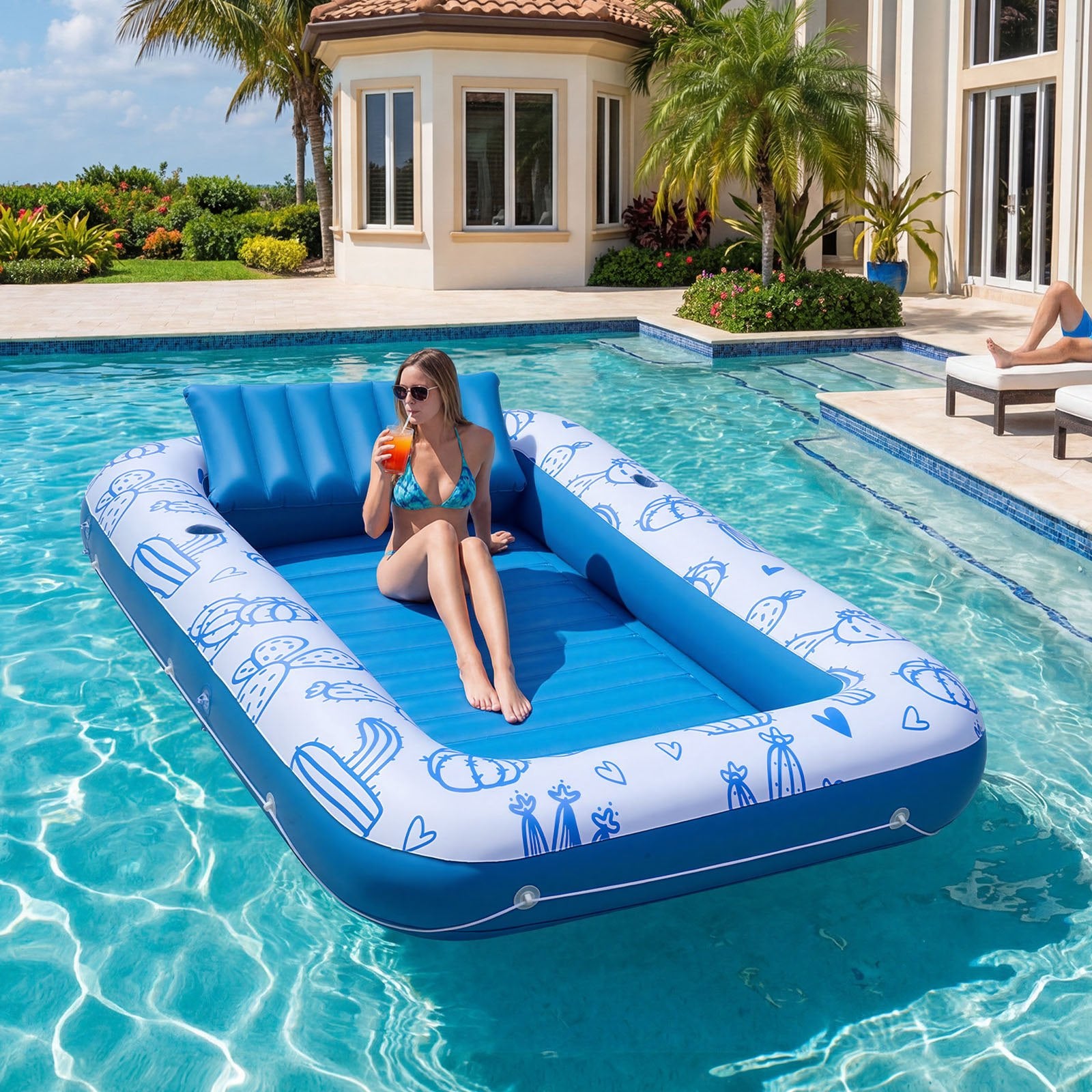 Spacious 82" x 55" Inflatable Pool Lounger with UPF 50+ Canopy, 550LBS Capacity, Pillow, Cup & Phone Holder for Ultimate Sunbathing Fun
