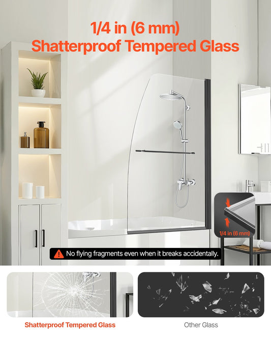 Sleek Frameless Bathtub Shower Door, 34x55 in, Black Half Shower Screen with Tempered Glass, Waterproof Seal, Towel Rack, Durable Materials
