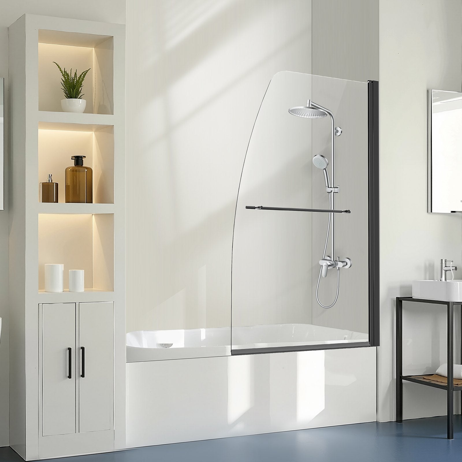 Sleek Frameless Bathtub Shower Door, 34x55 in, Black Half Shower Screen with Tempered Glass, Waterproof Seal, Towel Rack, Durable Materials