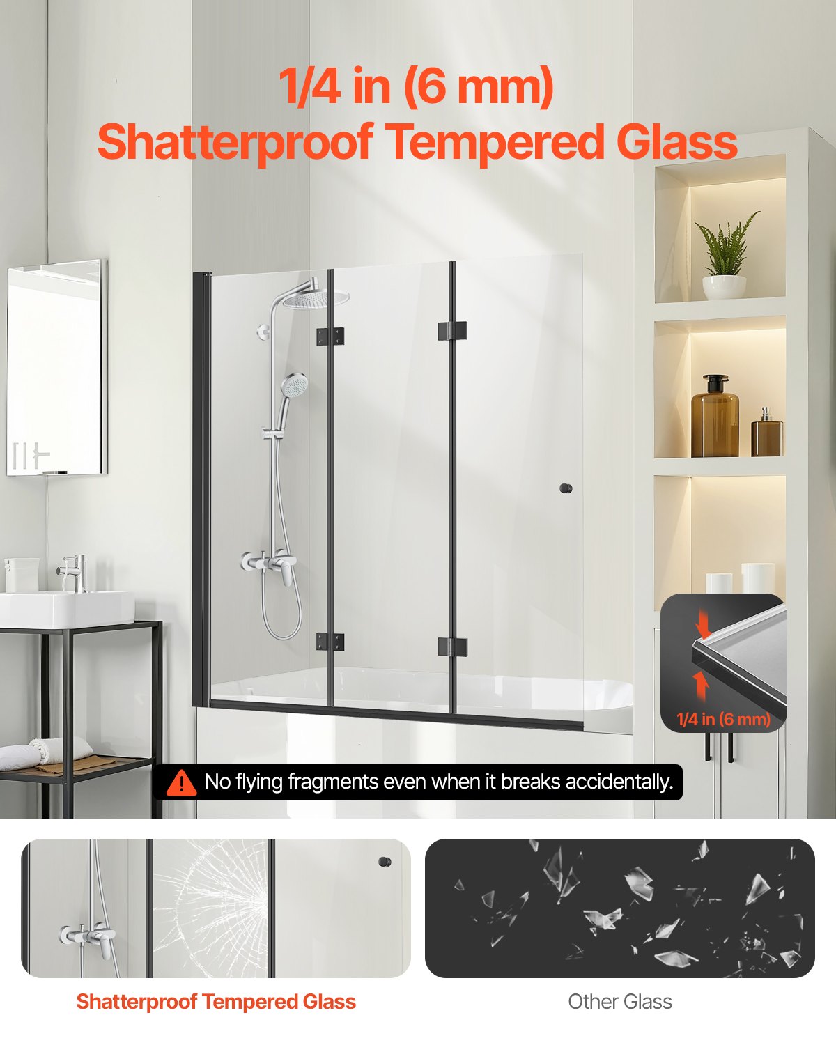 Frameless Tri-Fold Bathtub Shower Door, 51x56 in, 1/4 in Tempered Glass, 180° Hinged Folding, Shatterproof, Water-Repellent, Black Finish