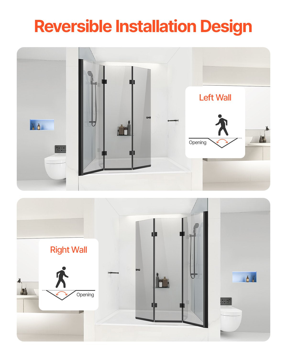Frameless Tri-Fold Bathtub Shower Door, 51x56 in, 1/4 in Tempered Glass, 180° Hinged Folding, Shatterproof, Water-Repellent, Black Finish