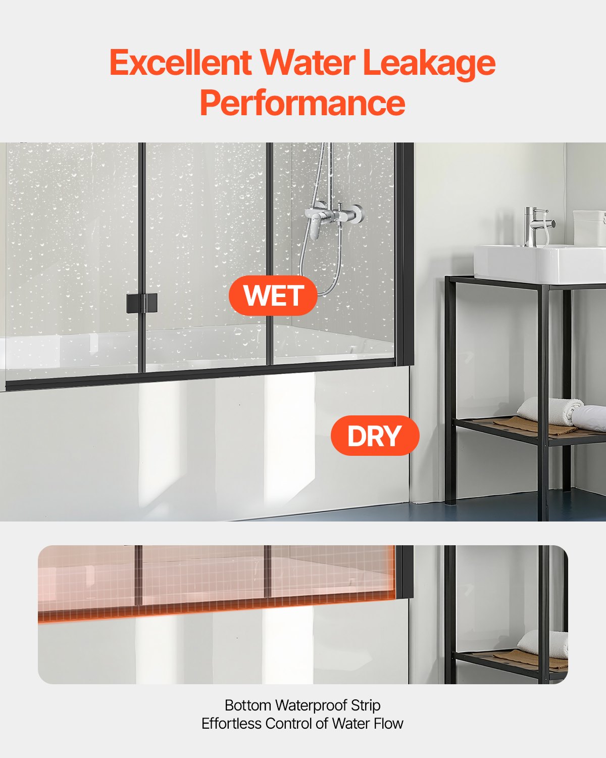 Frameless Tri-Fold Bathtub Shower Door, 51x56 in, 1/4 in Tempered Glass, 180° Hinged Folding, Shatterproof, Water-Repellent, Black Finish