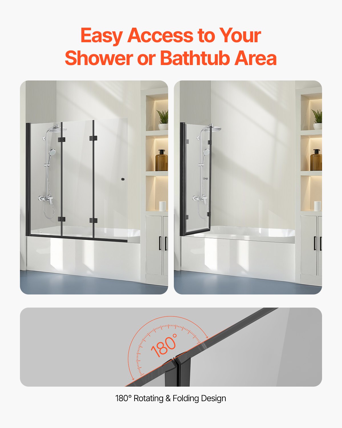 Frameless Tri-Fold Bathtub Shower Door, 51x56 in, 1/4 in Tempered Glass, 180° Hinged Folding, Shatterproof, Water-Repellent, Black Finish