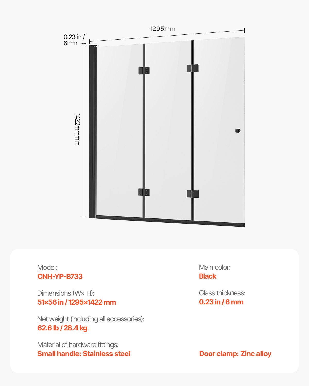 Frameless Tri-Fold Bathtub Shower Door, 51x56 in, 1/4 in Tempered Glass, 180° Hinged Folding, Shatterproof, Water-Repellent, Black Finish