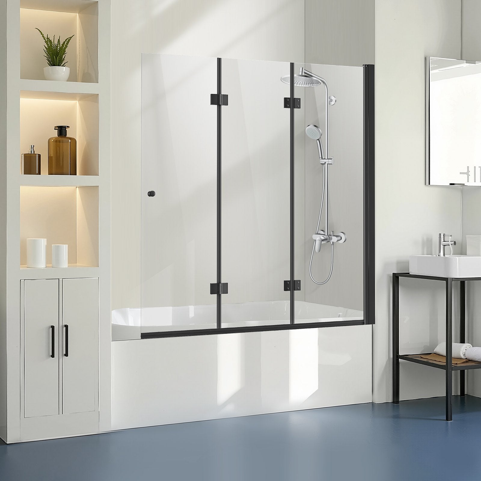 Frameless Tri-Fold Bathtub Shower Door, 51x56 in, 1/4 in Tempered Glass, 180° Hinged Folding, Shatterproof, Water-Repellent, Black Finish