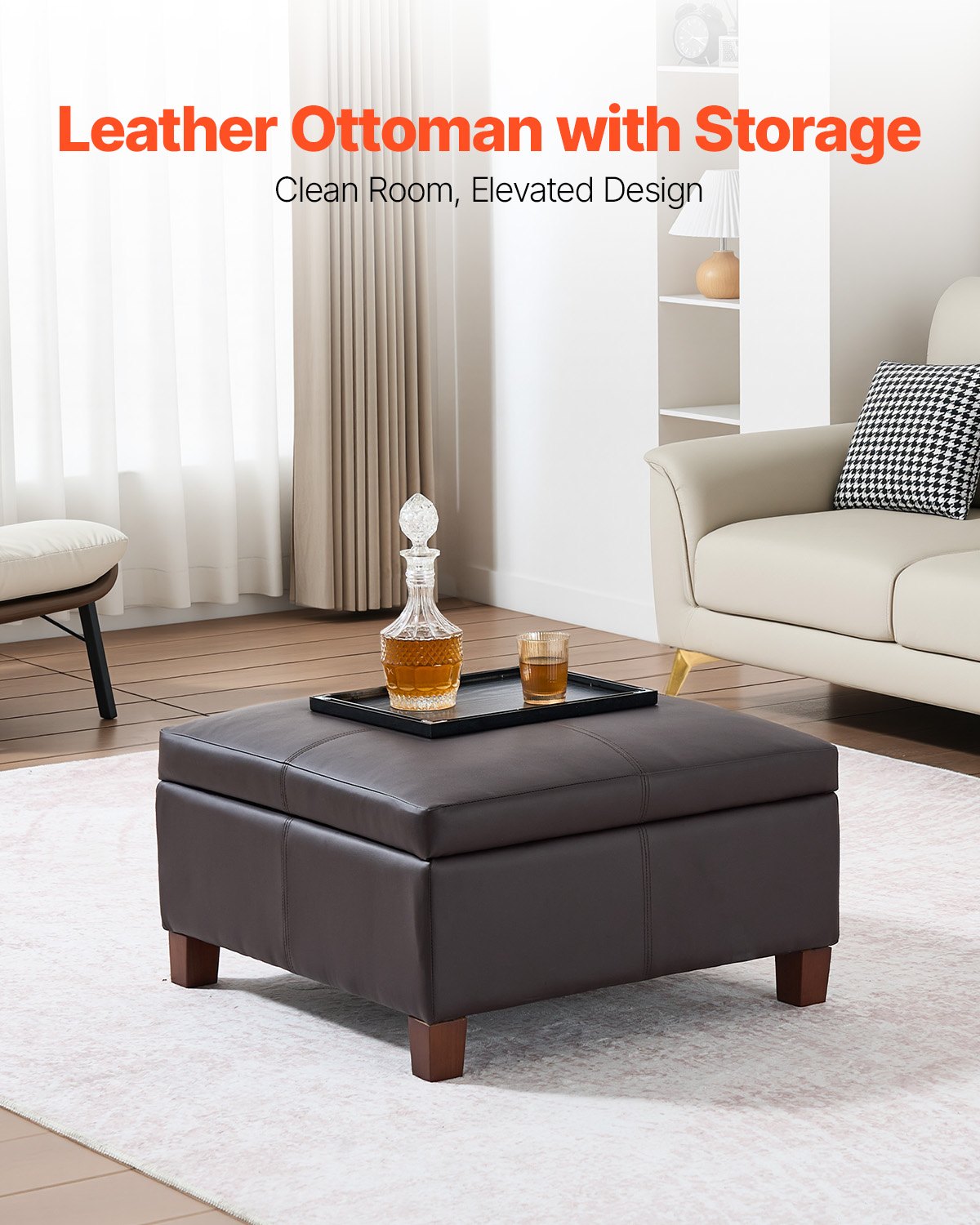 28" Square Dark Brown Leather Ottoman with Storage - Upholstered Tufted Coffee Table, Flip-Top, High-Density Sponge, Wood Legs, 250 lbs Capacity
