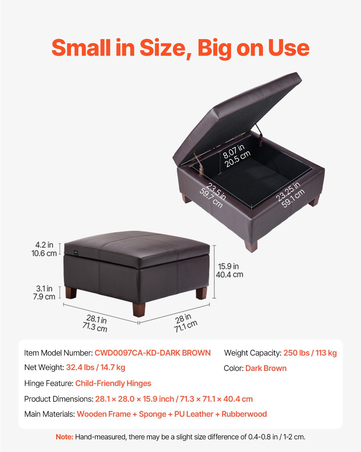 28" Square Dark Brown Leather Ottoman with Storage - Upholstered Tufted Coffee Table, Flip-Top, High-Density Sponge, Wood Legs, 250 lbs Capacity