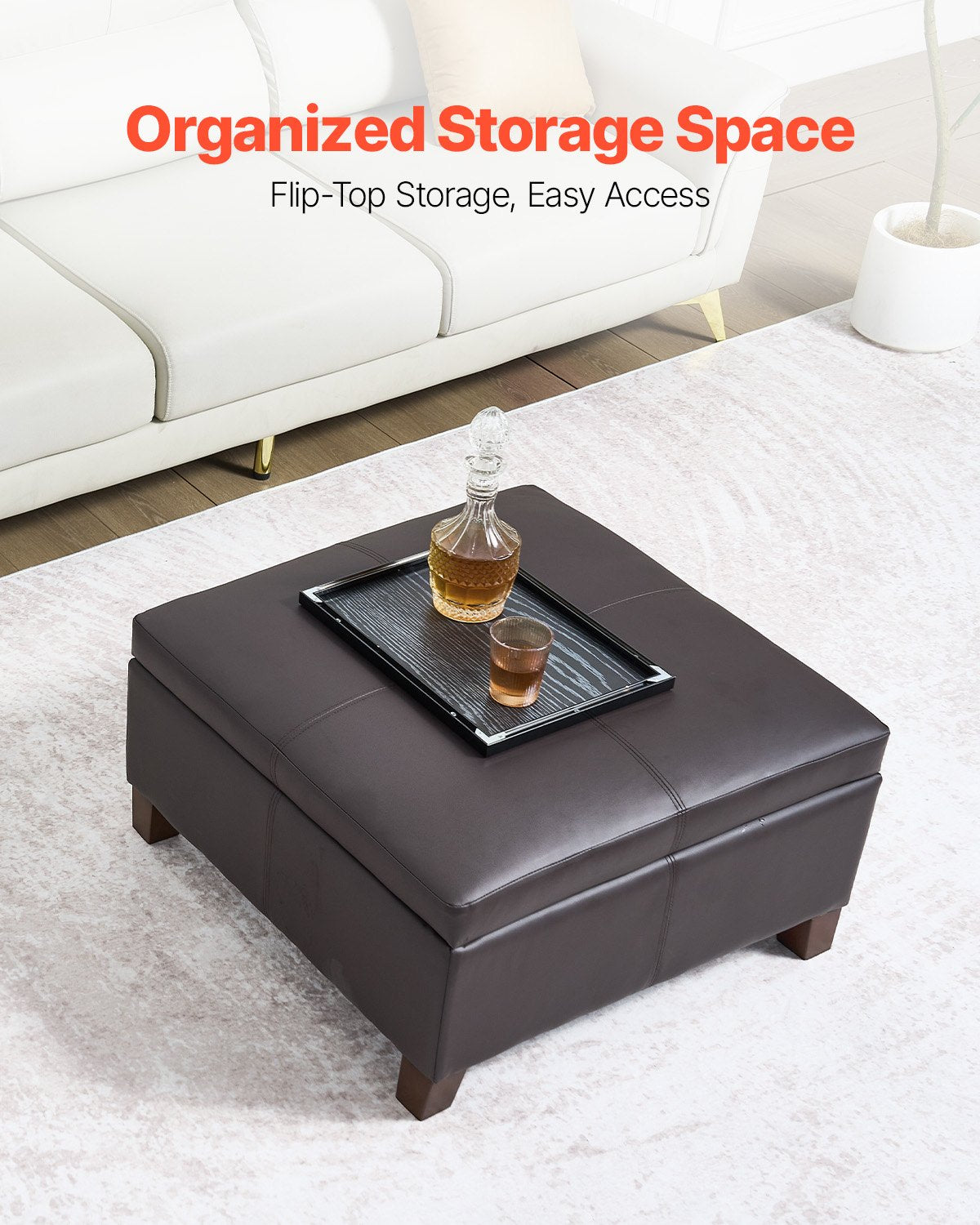 28" Square Dark Brown Leather Ottoman with Storage - Upholstered Tufted Coffee Table, Flip-Top, High-Density Sponge, Wood Legs, 250 lbs Capacity