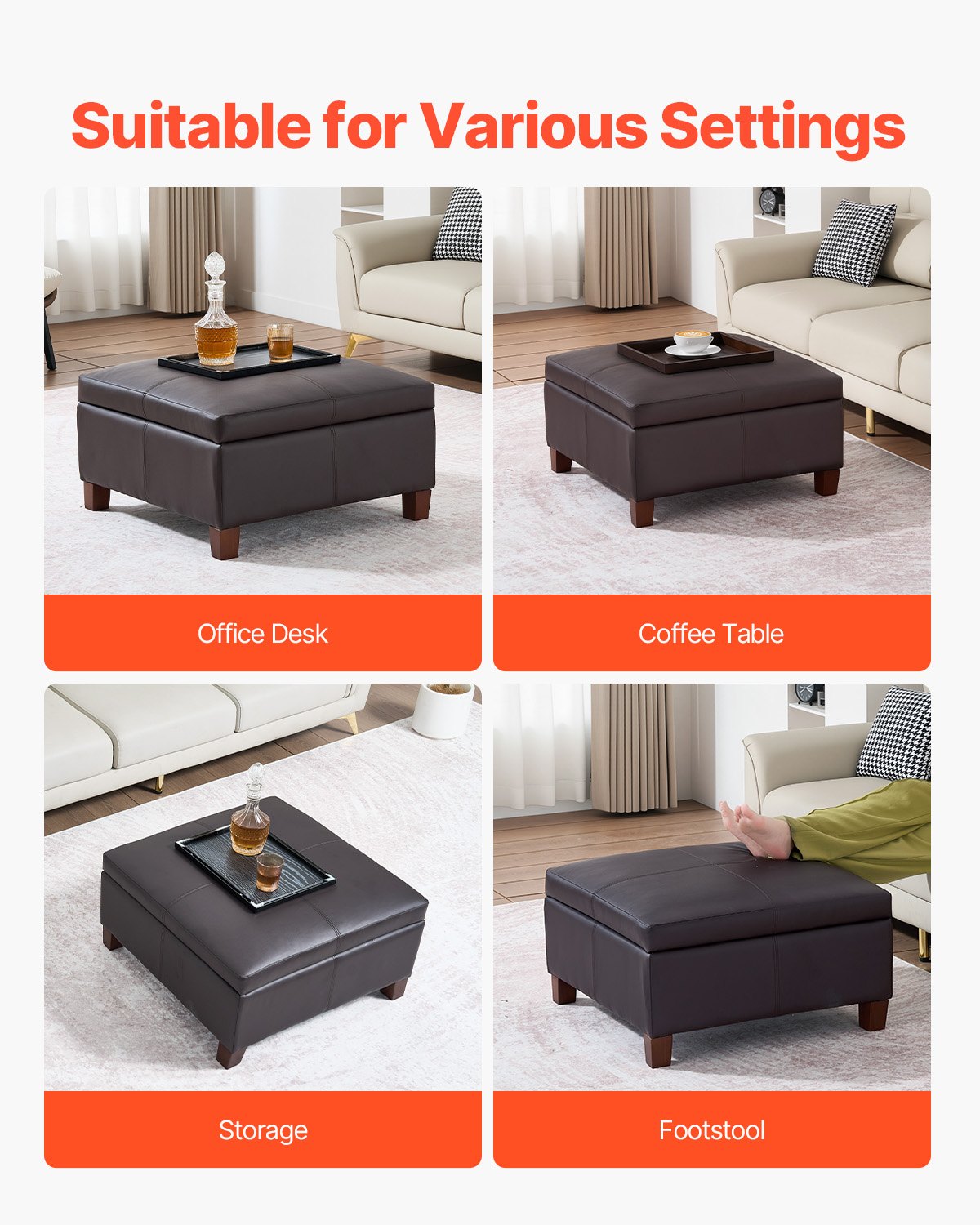 28" Square Dark Brown Leather Ottoman with Storage - Upholstered Tufted Coffee Table, Flip-Top, High-Density Sponge, Wood Legs, 250 lbs Capacity