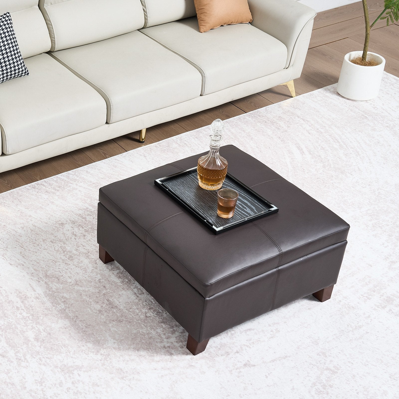 28" Square Dark Brown Leather Ottoman with Storage - Upholstered Tufted Coffee Table, Flip-Top, High-Density Sponge, Wood Legs, 250 lbs Capacity