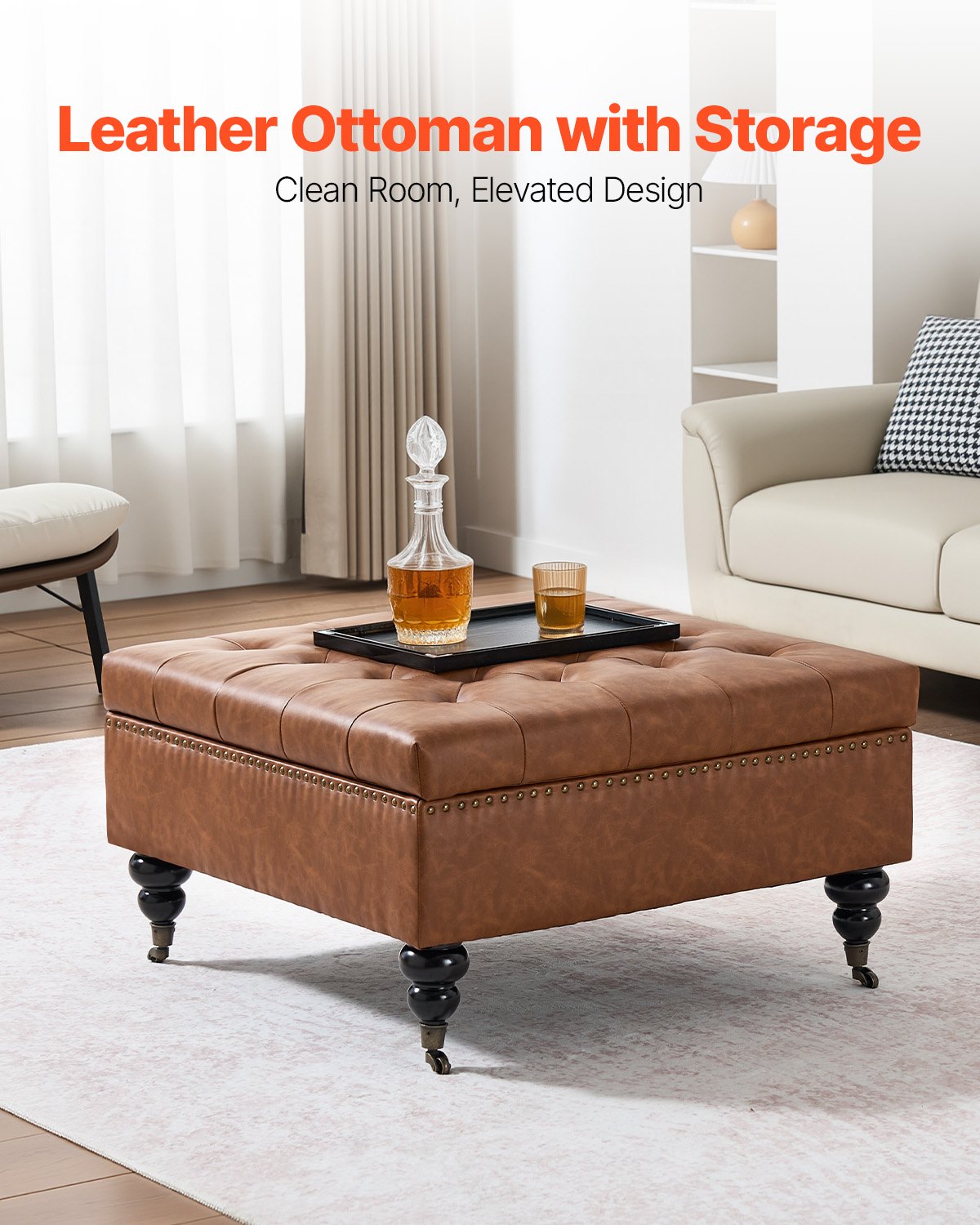 31" Square Brown Leather Ottoman with Storage, Upholstered Tufted Coffee Table, Castered Wheels, High-Density Sponge for Living Room, Dorm, Bedroom
