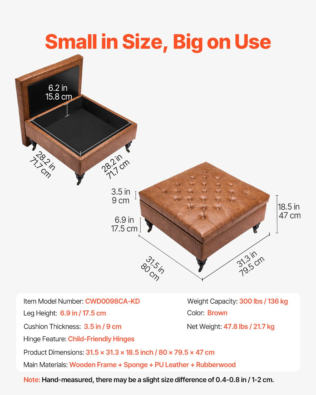 31" Square Brown Leather Ottoman with Storage, Upholstered Tufted Coffee Table, Castered Wheels, High-Density Sponge for Living Room, Dorm, Bedroom