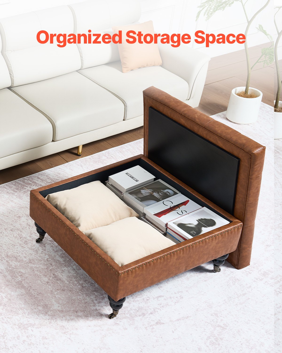 31" Square Brown Leather Ottoman with Storage, Upholstered Tufted Coffee Table, Castered Wheels, High-Density Sponge for Living Room, Dorm, Bedroom