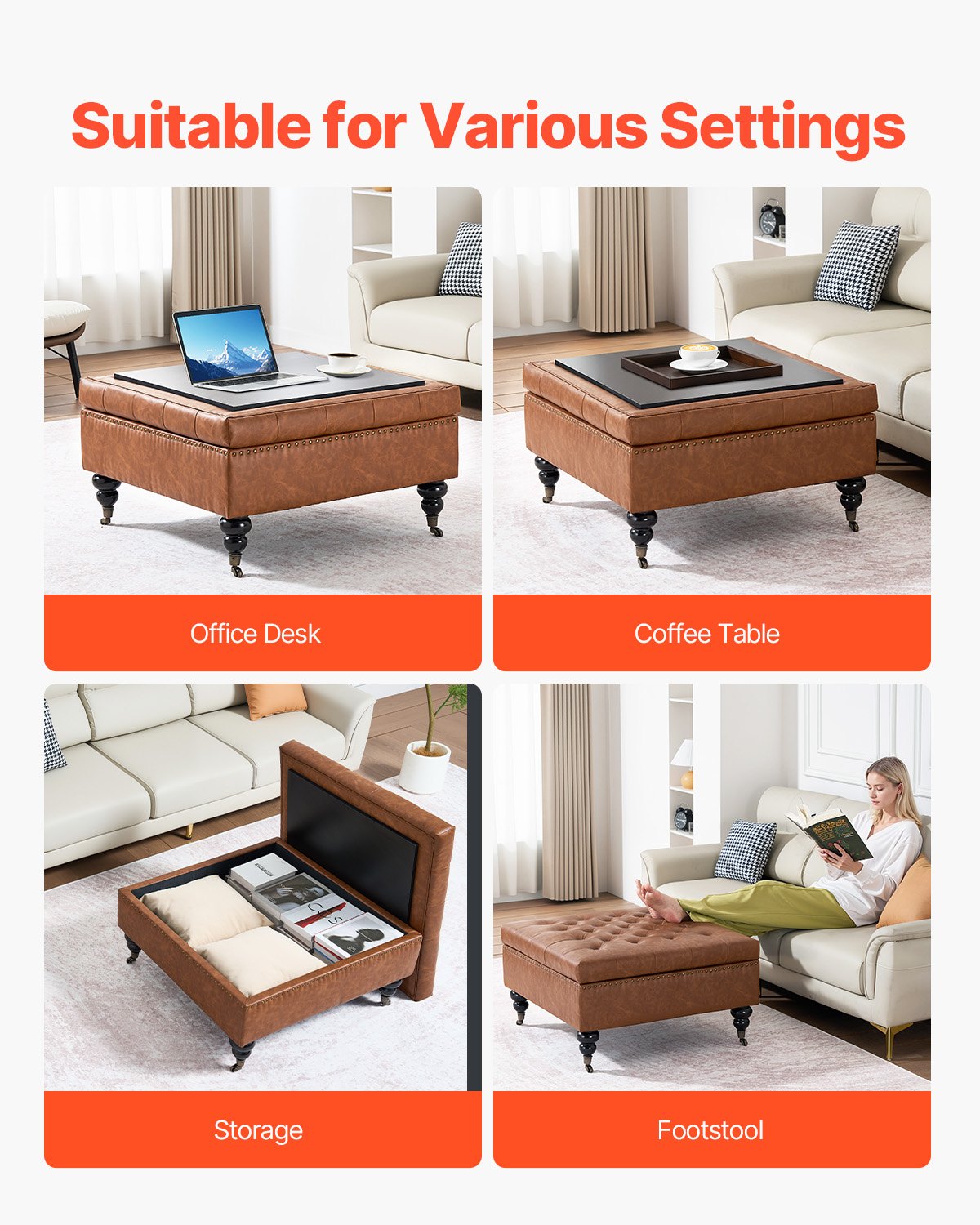 31" Square Brown Leather Ottoman with Storage, Upholstered Tufted Coffee Table, Castered Wheels, High-Density Sponge for Living Room, Dorm, Bedroom