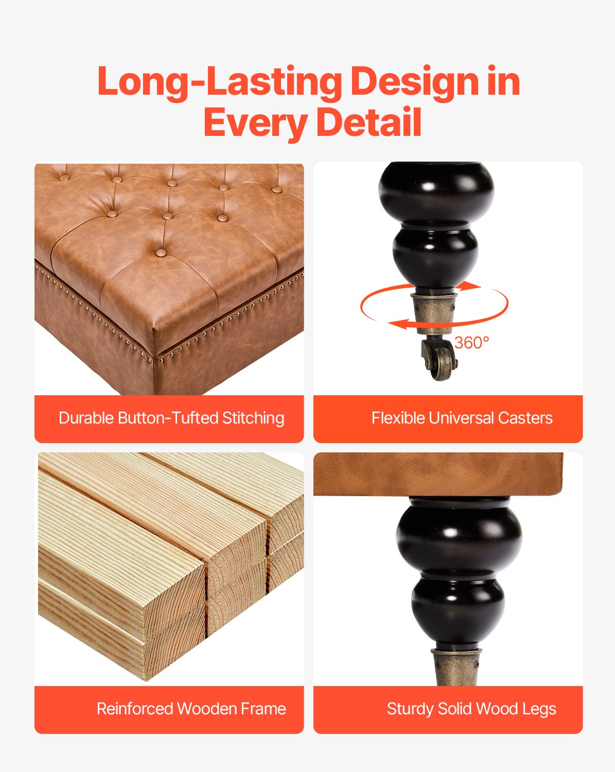 31" Square Brown Leather Ottoman with Storage, Upholstered Tufted Coffee Table, Castered Wheels, High-Density Sponge for Living Room, Dorm, Bedroom