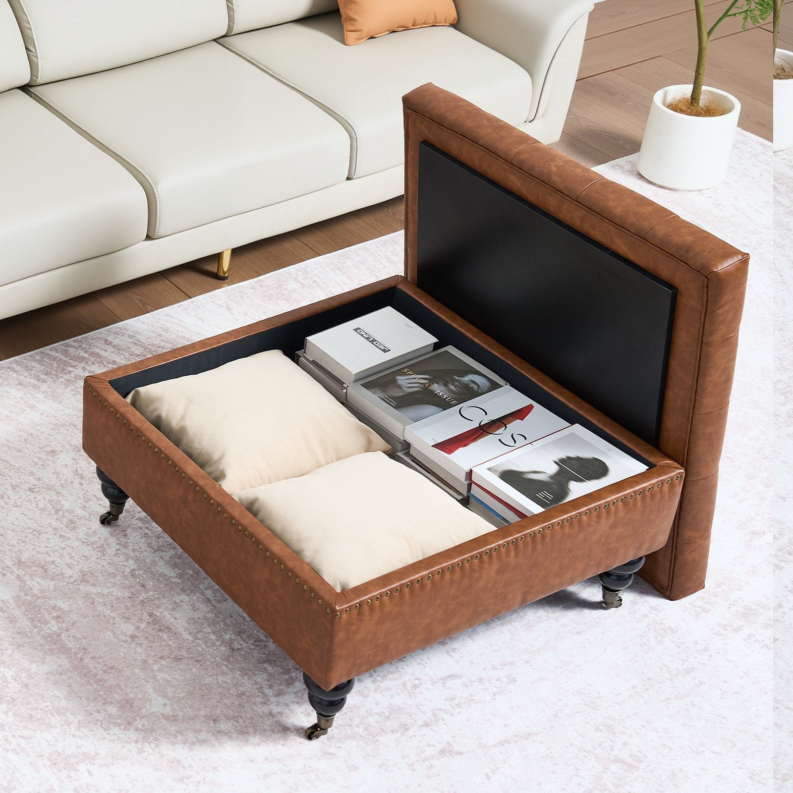 31" Square Brown Leather Ottoman with Storage, Upholstered Tufted Coffee Table, Castered Wheels, High-Density Sponge for Living Room, Dorm, Bedroom