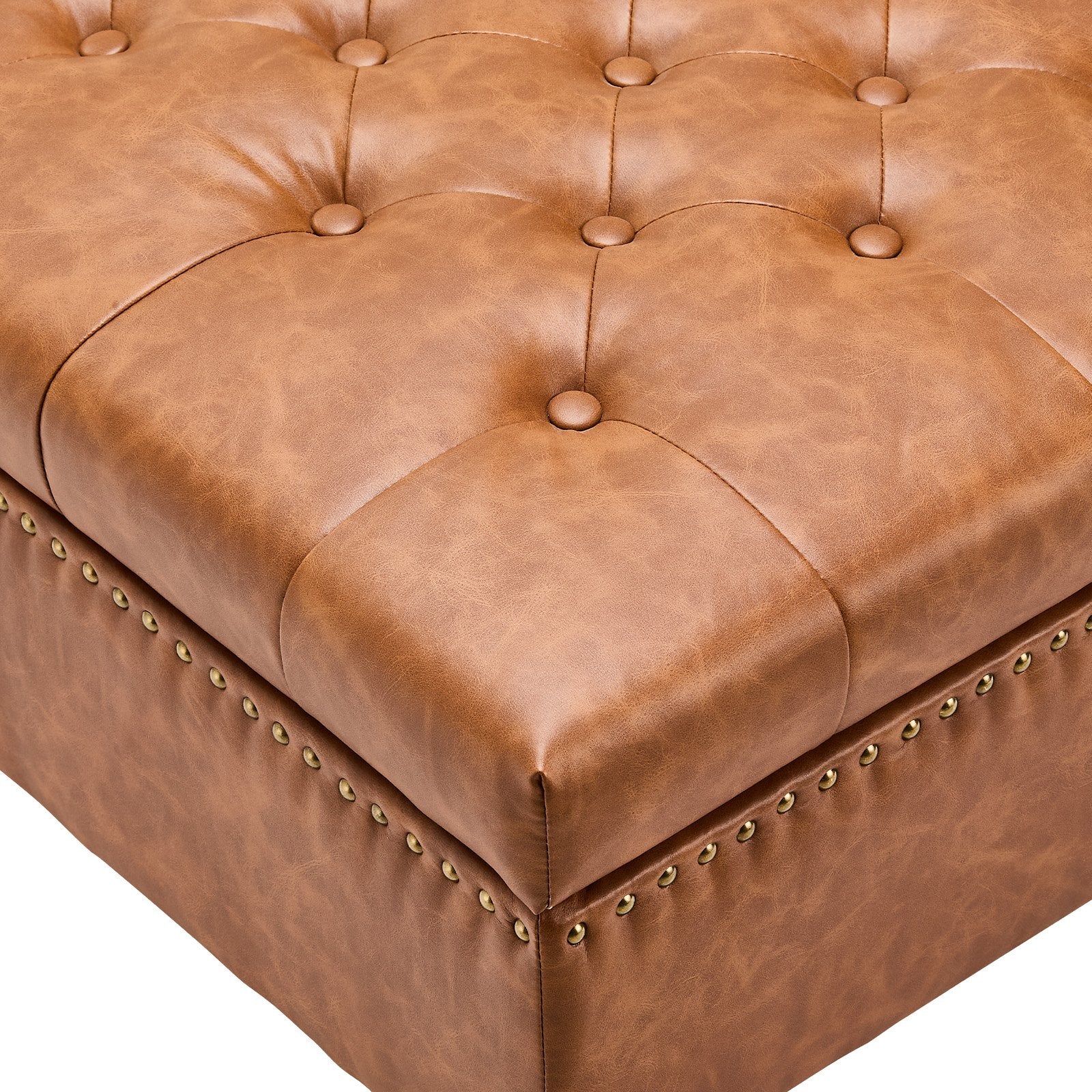 31" Square Brown Leather Ottoman with Storage, Upholstered Tufted Coffee Table, Castered Wheels, High-Density Sponge for Living Room, Dorm, Bedroom