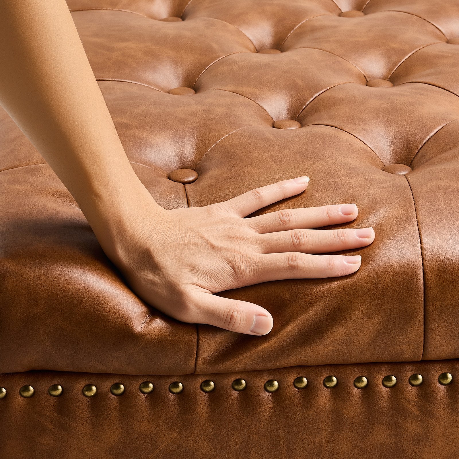 31" Square Brown Leather Ottoman with Storage, Upholstered Tufted Coffee Table, Castered Wheels, High-Density Sponge for Living Room, Dorm, Bedroom