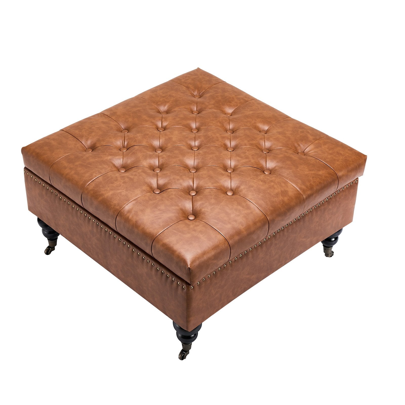 31" Square Brown Leather Ottoman with Storage, Upholstered Tufted Coffee Table, Castered Wheels, High-Density Sponge for Living Room, Dorm, Bedroom