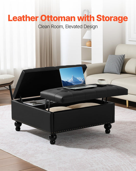 Versatile 34" Black Square Ottoman with Storage, Upholstered Lift-Top Coffee Table, Tufted PU Leather, Solid Wood Legs for Living Room & Bedroom
