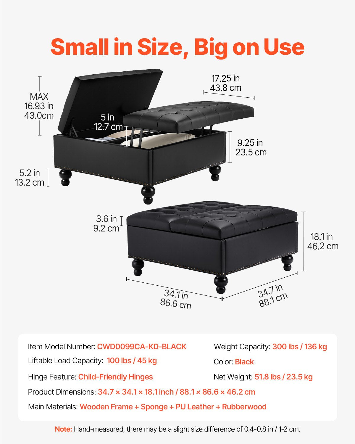 Versatile 34" Black Square Ottoman with Storage, Upholstered Lift-Top Coffee Table, Tufted PU Leather, Solid Wood Legs for Living Room & Bedroom