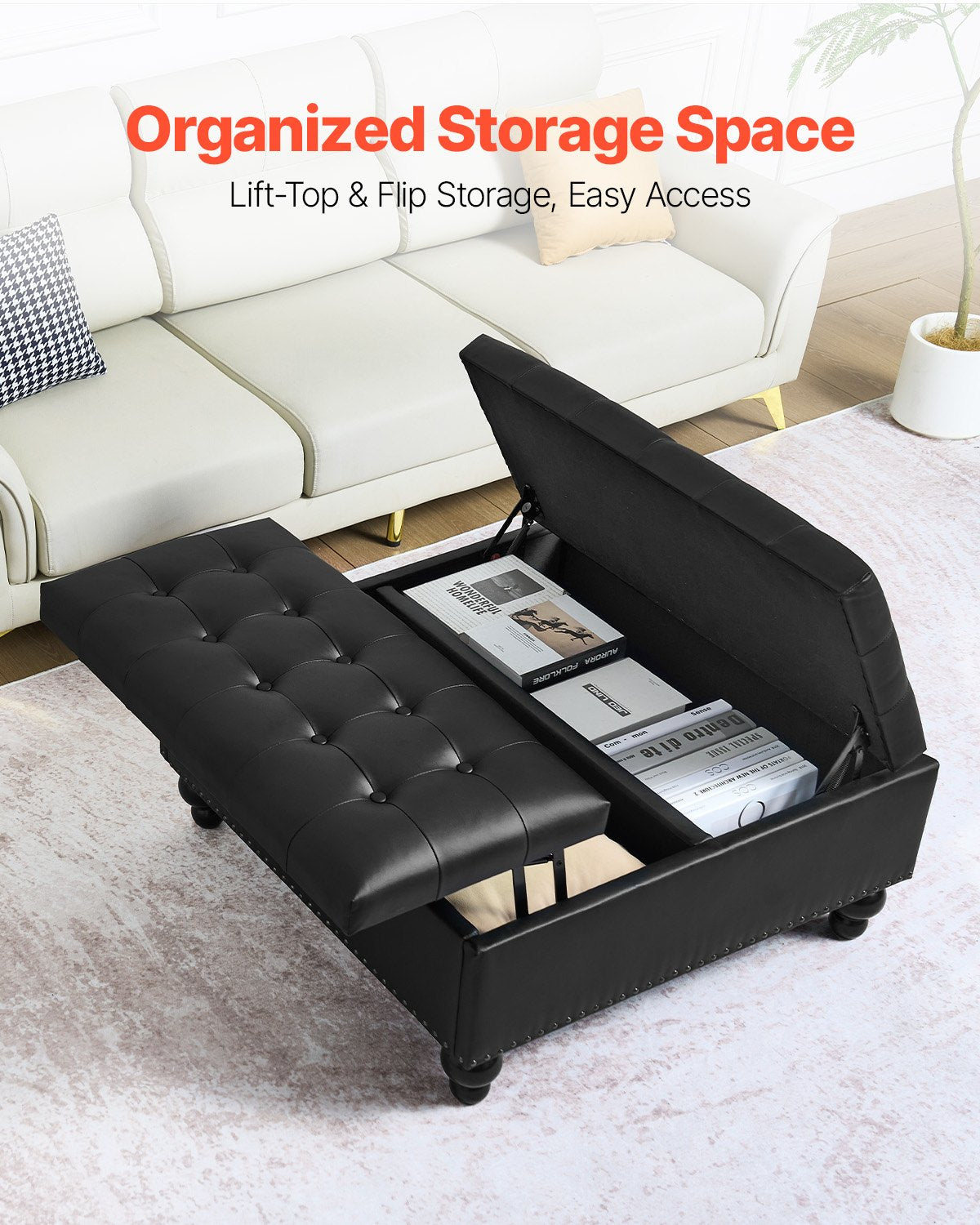 Versatile 34" Black Square Ottoman with Storage, Upholstered Lift-Top Coffee Table, Tufted PU Leather, Solid Wood Legs for Living Room & Bedroom