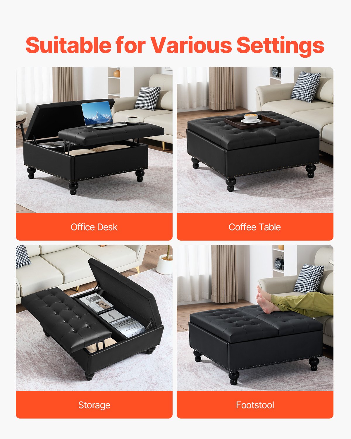 Versatile 34" Black Square Ottoman with Storage, Upholstered Lift-Top Coffee Table, Tufted PU Leather, Solid Wood Legs for Living Room & Bedroom