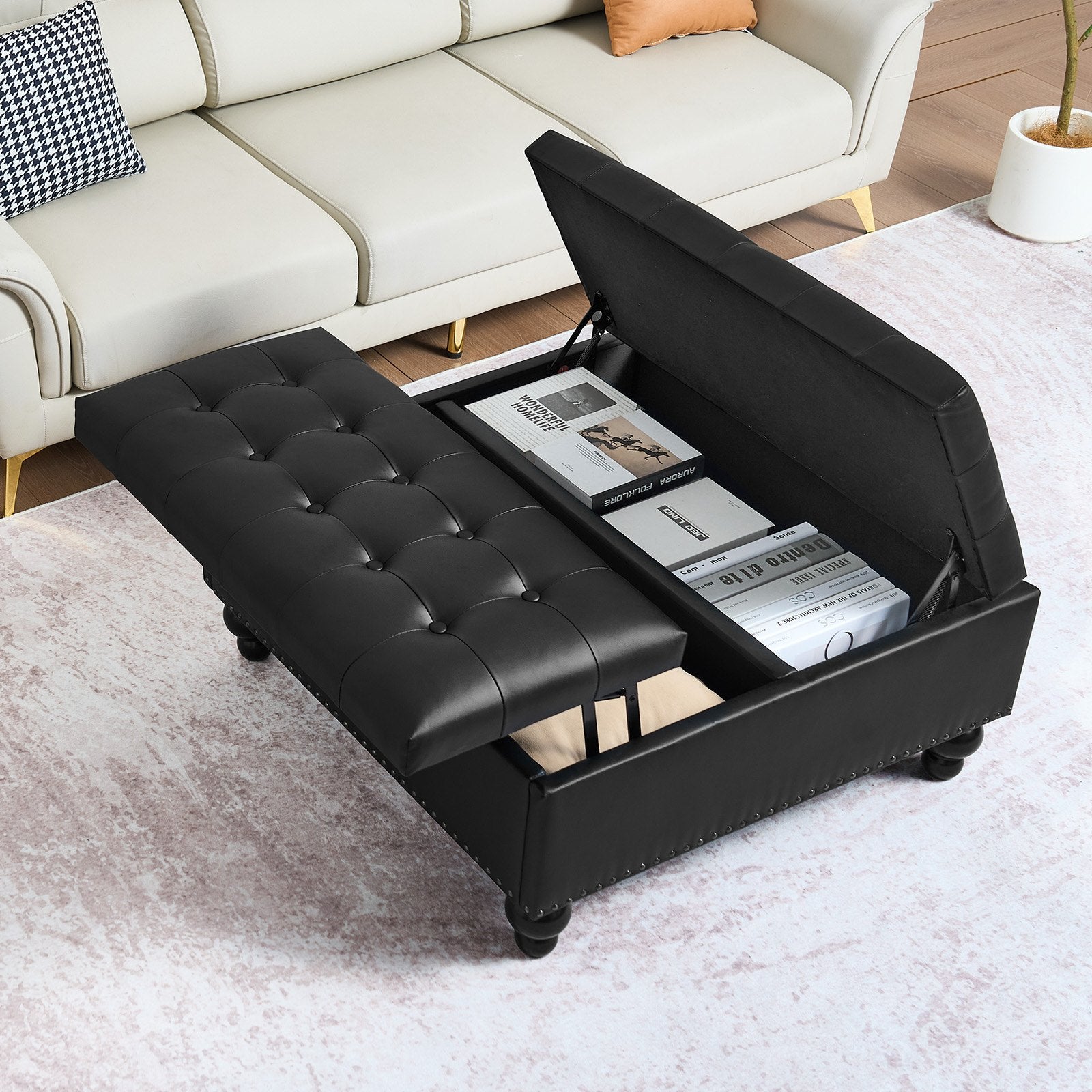 Versatile 34" Black Square Ottoman with Storage, Upholstered Lift-Top Coffee Table, Tufted PU Leather, Solid Wood Legs for Living Room & Bedroom