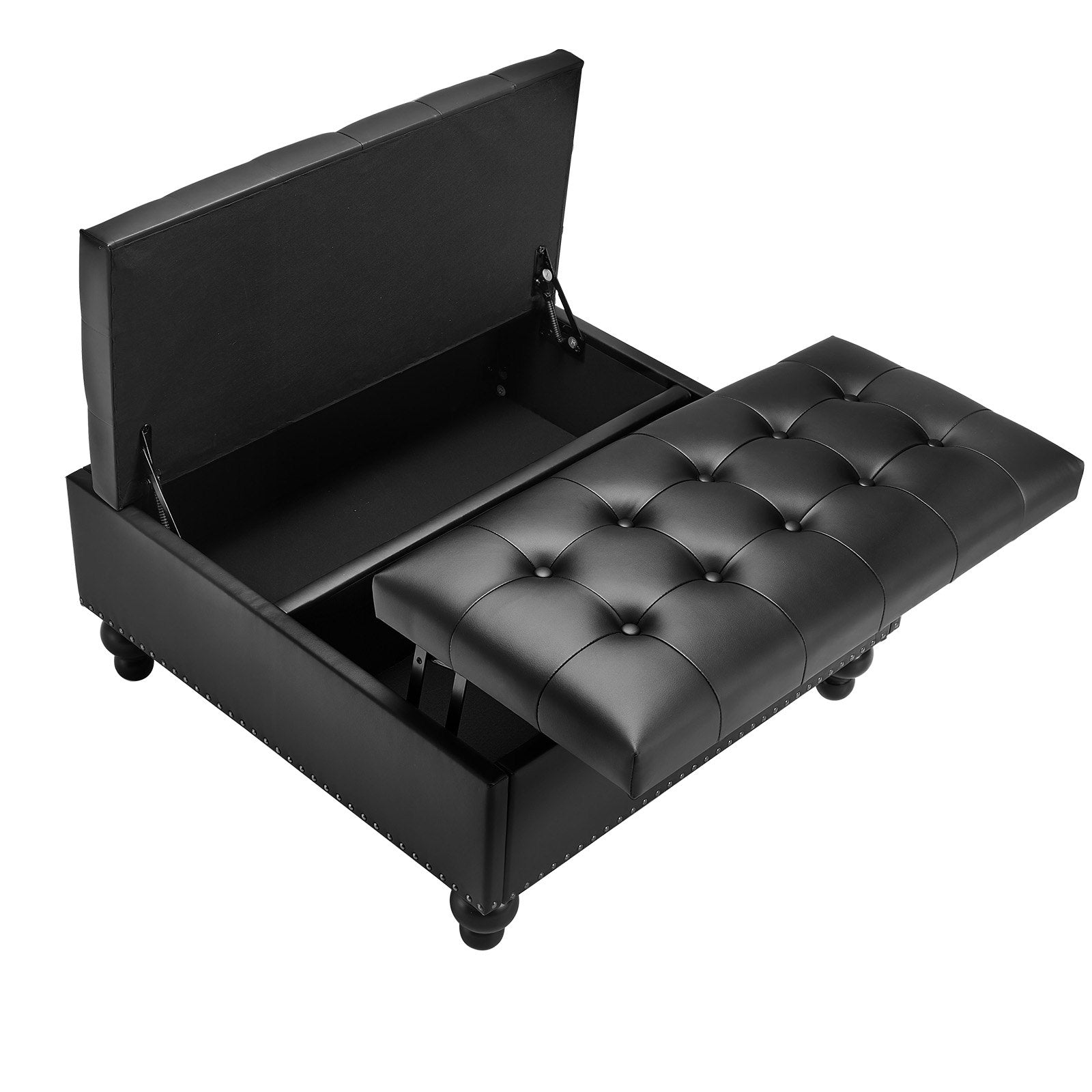 Versatile 34" Black Square Ottoman with Storage, Upholstered Lift-Top Coffee Table, Tufted PU Leather, Solid Wood Legs for Living Room & Bedroom