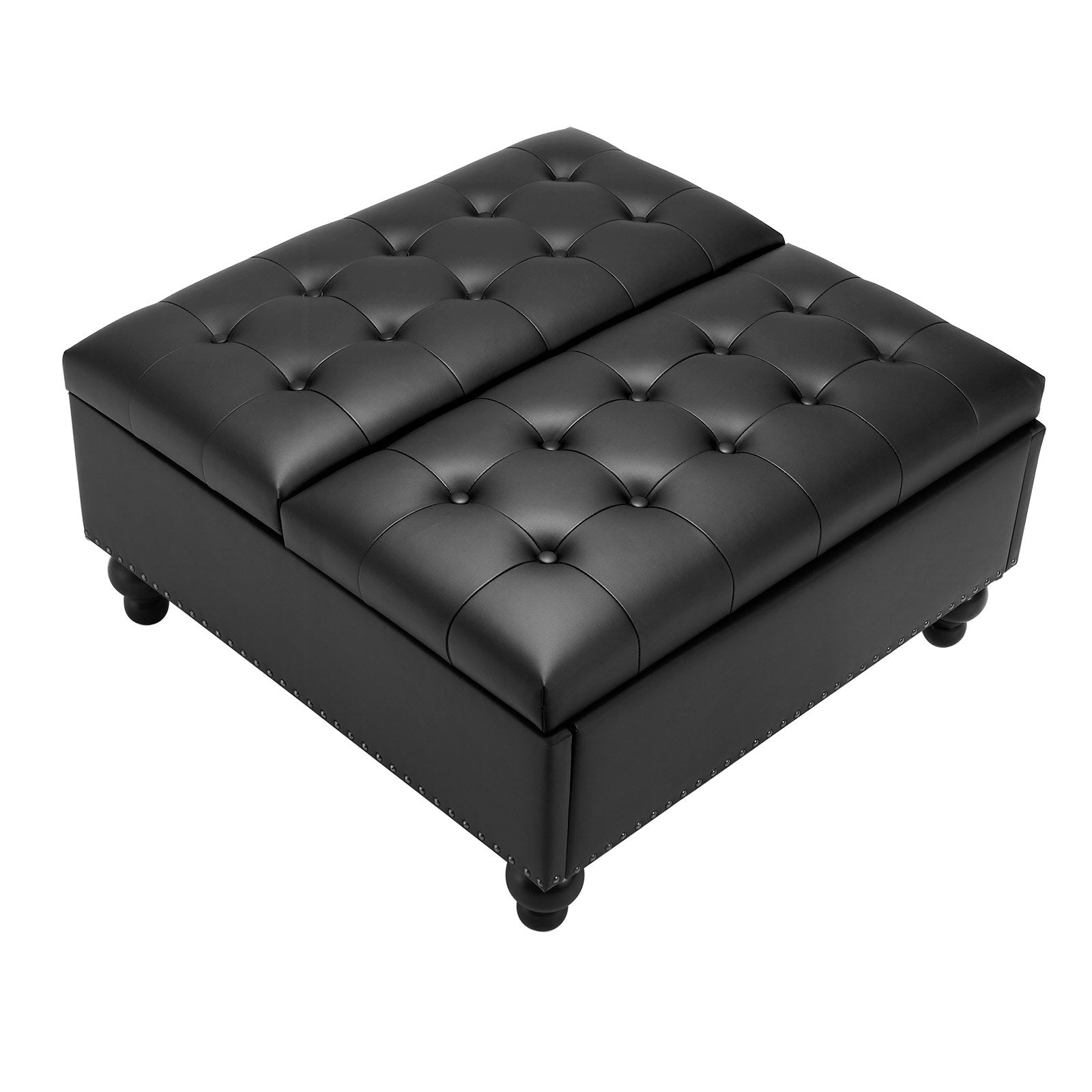 Versatile 34" Black Square Ottoman with Storage, Upholstered Lift-Top Coffee Table, Tufted PU Leather, Solid Wood Legs for Living Room & Bedroom