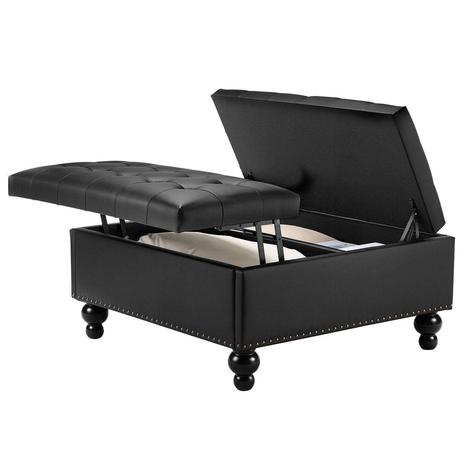 Versatile 34" Black Square Ottoman with Storage, Upholstered Lift-Top Coffee Table, Tufted PU Leather, Solid Wood Legs for Living Room & Bedroom