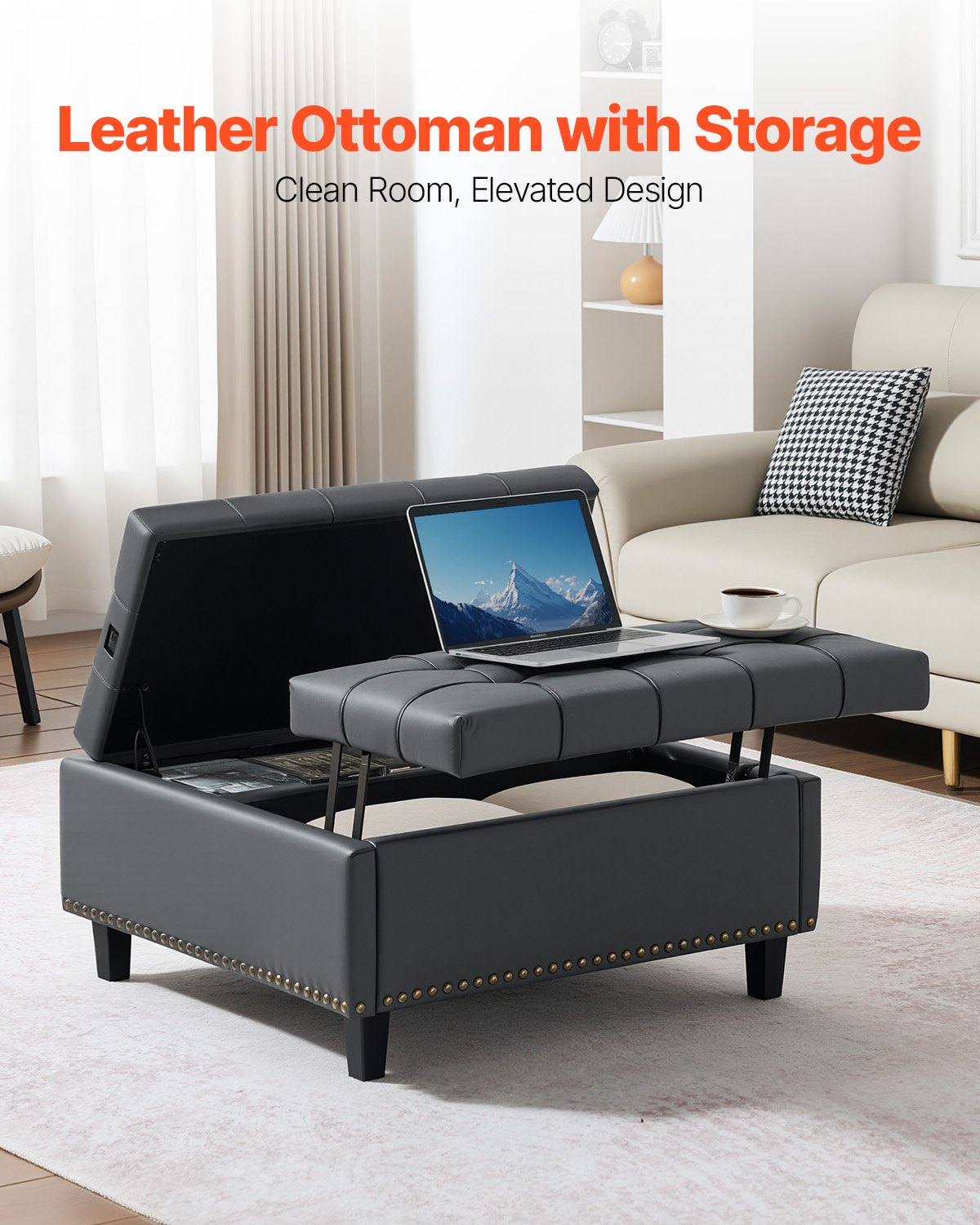 31" Square Grey Ottoman with Storage – Upholstered Coffee Table, Lift-Top, PU Leather, Tufted Design, Living Room & Bedroom Essentials