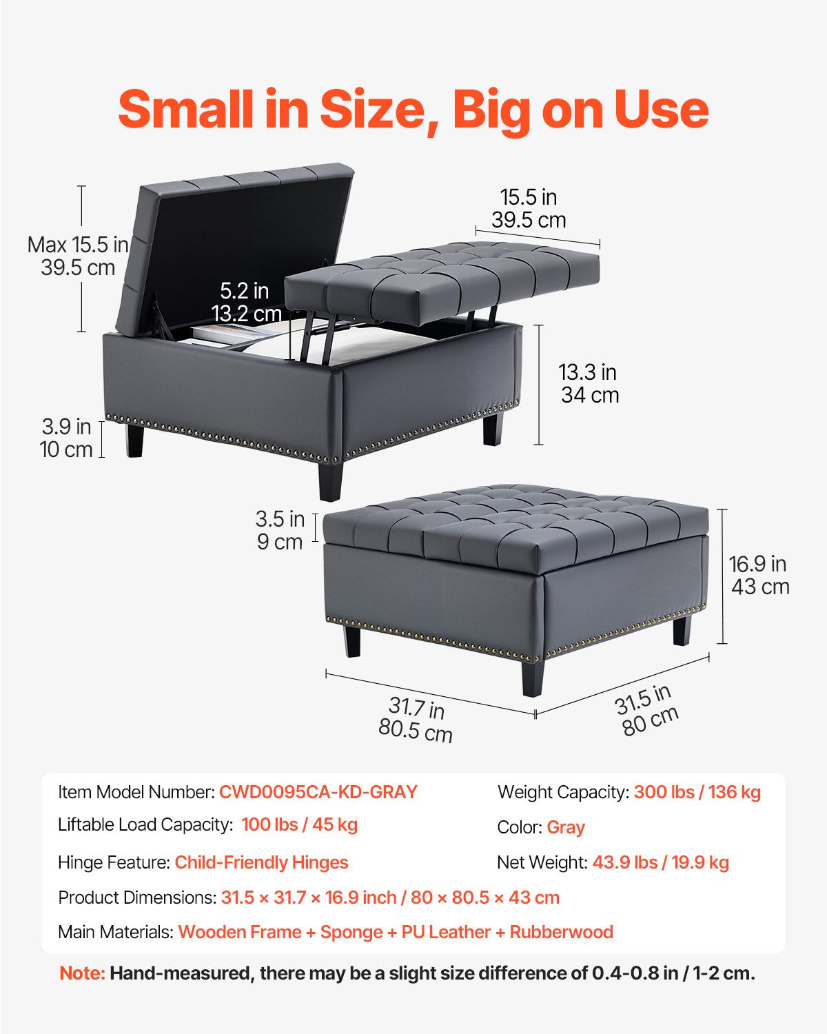 31" Square Grey Ottoman with Storage – Upholstered Coffee Table, Lift-Top, PU Leather, Tufted Design, Living Room & Bedroom Essentials