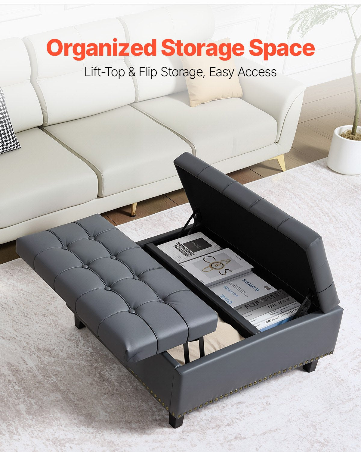 31" Square Grey Ottoman with Storage – Upholstered Coffee Table, Lift-Top, PU Leather, Tufted Design, Living Room & Bedroom Essentials