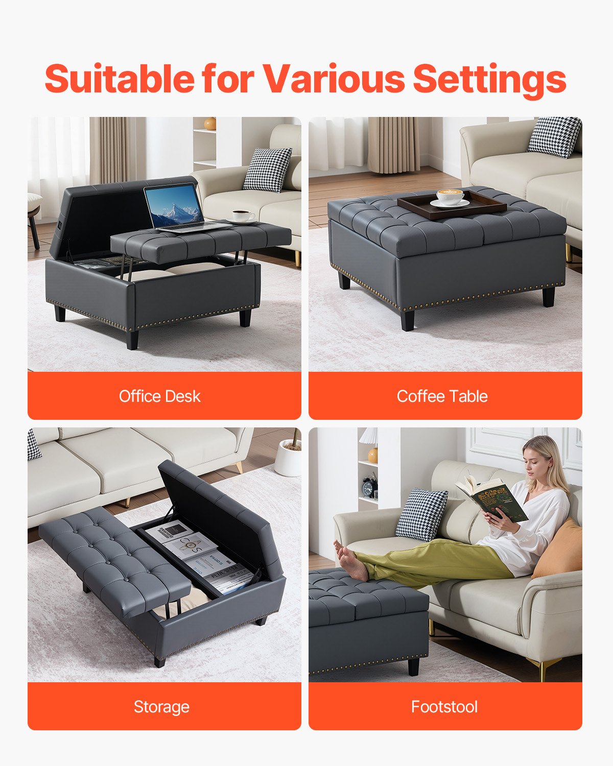31" Square Grey Ottoman with Storage – Upholstered Coffee Table, Lift-Top, PU Leather, Tufted Design, Living Room & Bedroom Essentials