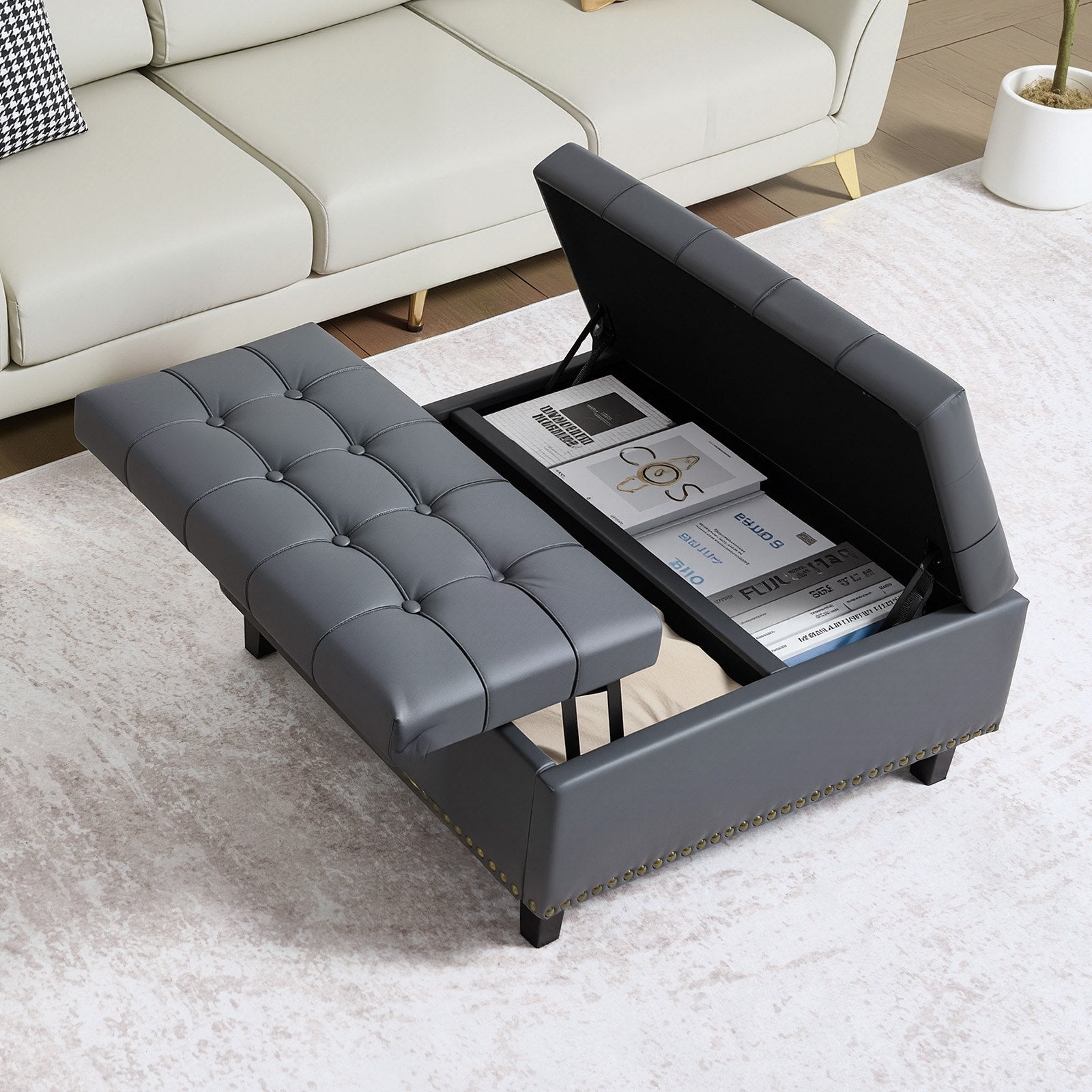 31" Square Grey Ottoman with Storage – Upholstered Coffee Table, Lift-Top, PU Leather, Tufted Design, Living Room & Bedroom Essentials